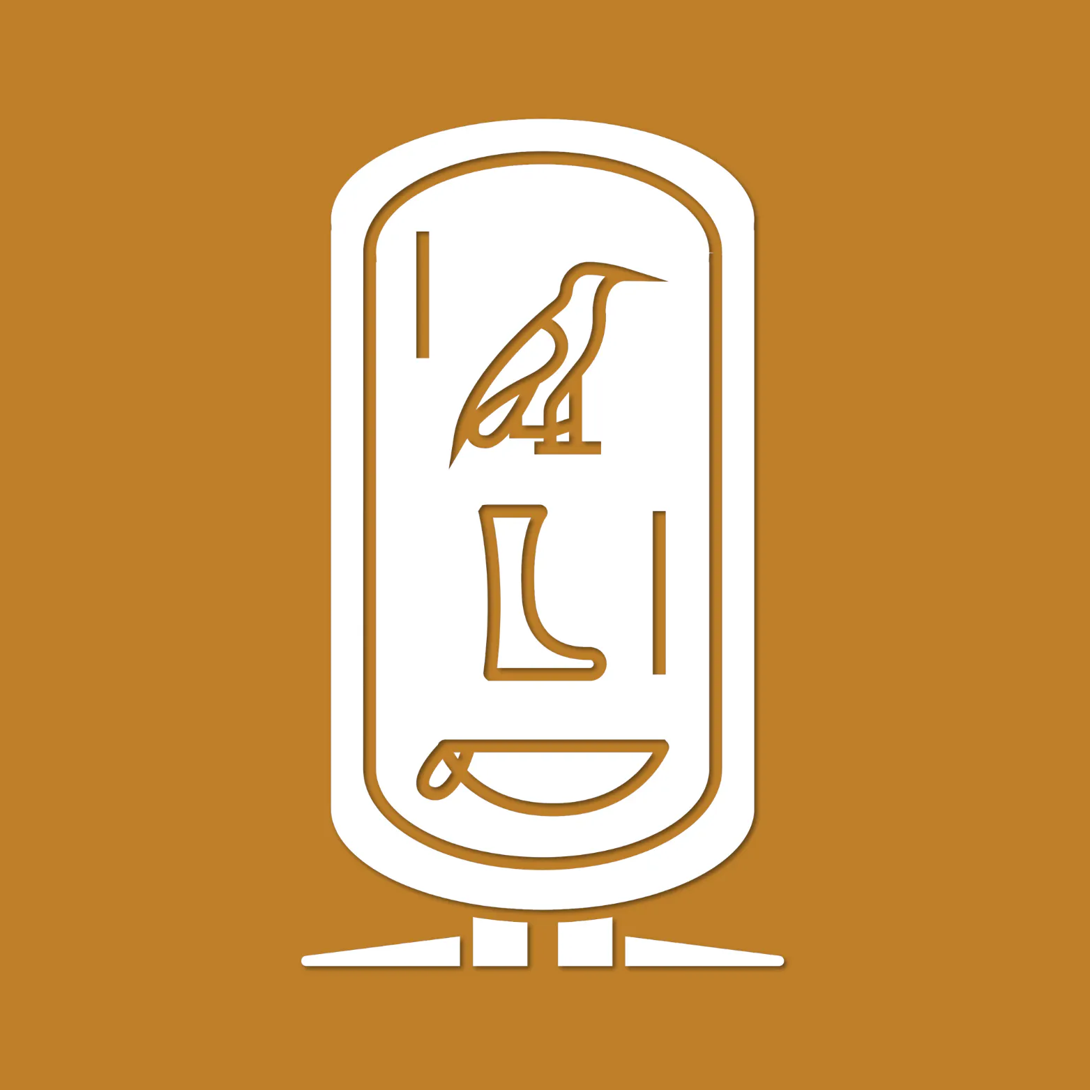 White and gold cartouche icon with ancient Egyptian-inspired symbols inside, on a golden brown background.