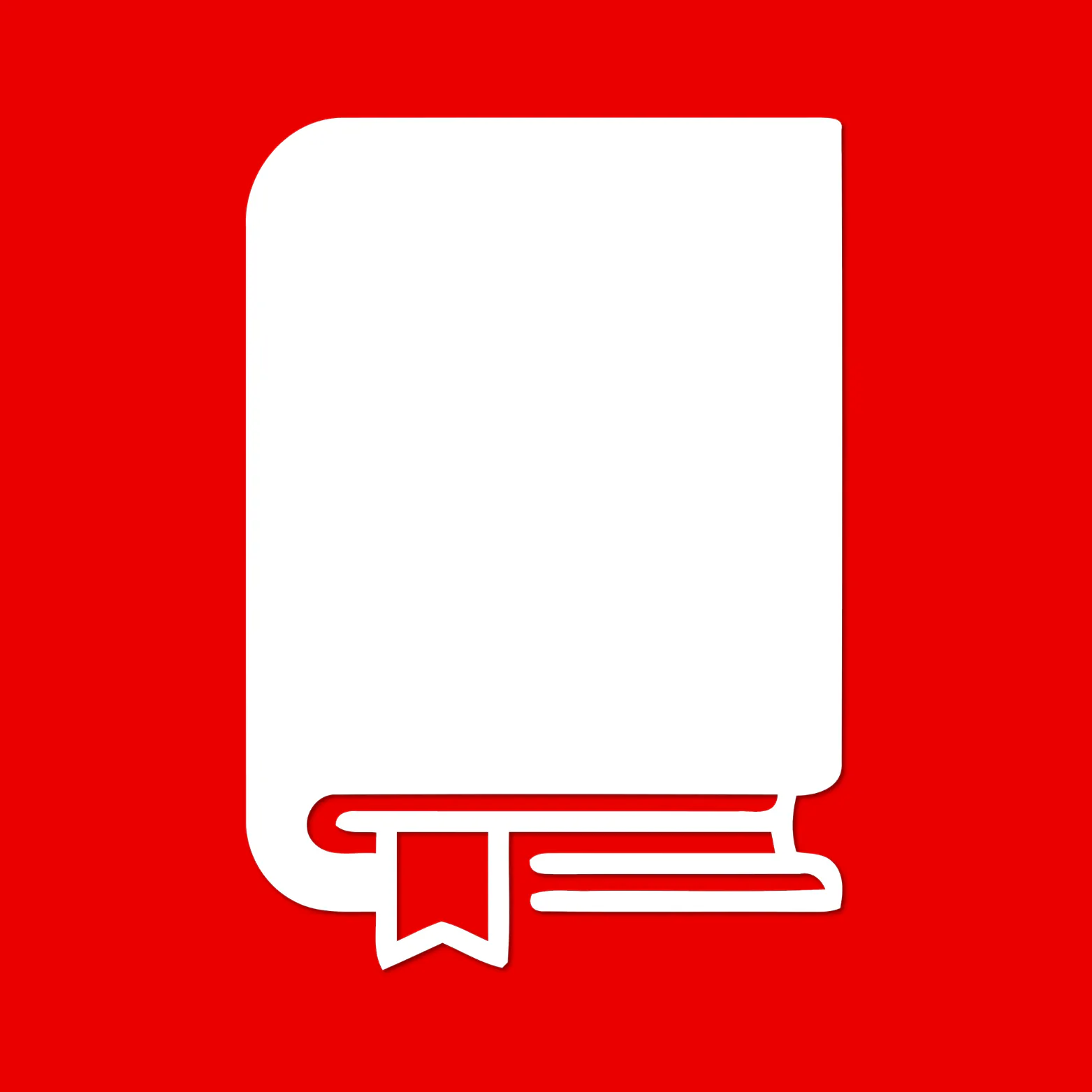 White closed book icon with a bookmark, on a red background.