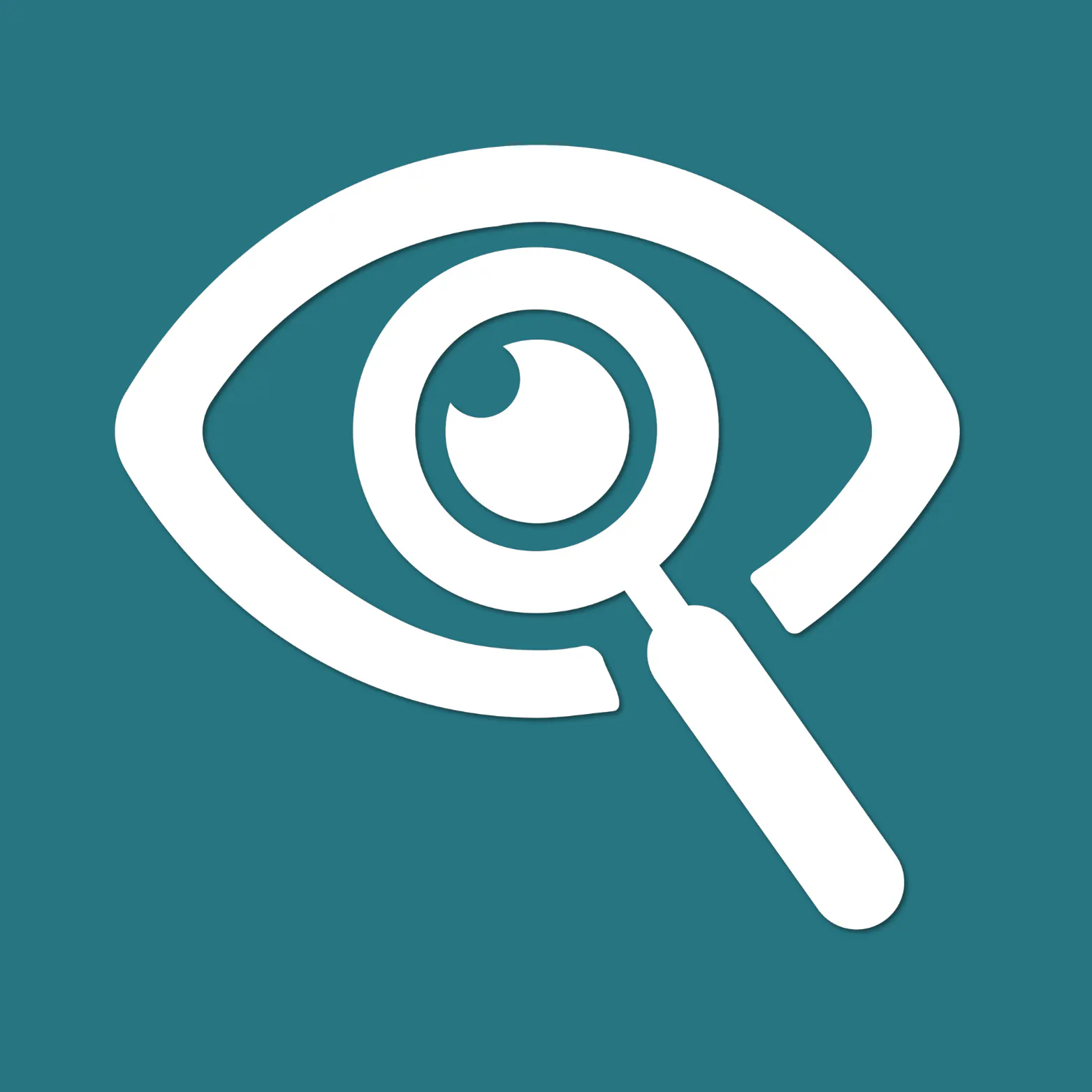 White icon of an eye with a magnifying glass, on a teal background.