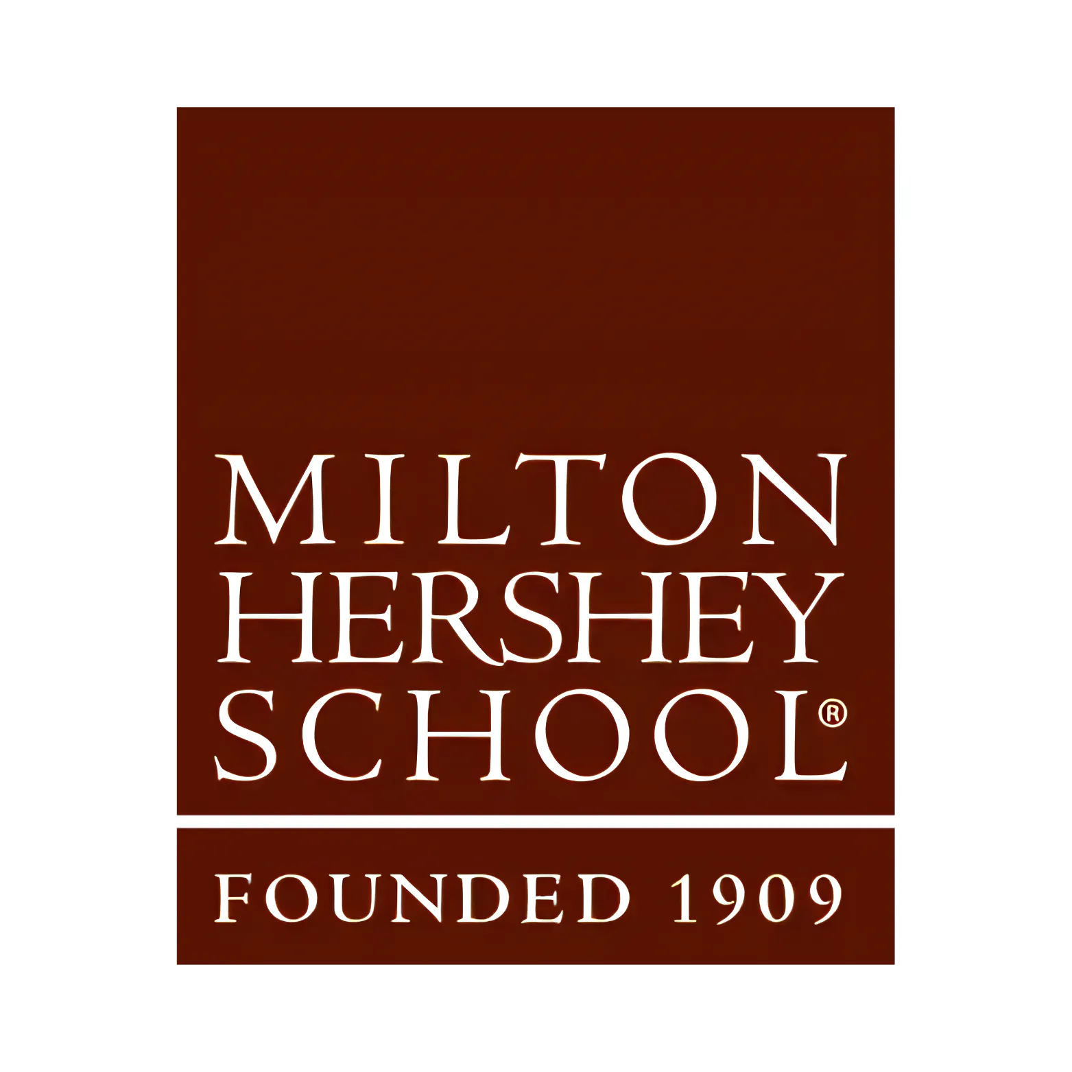 Milton Hershey School logo with white text reading “Milton Hershey School” and “Founded 1909” on a dark brown background.