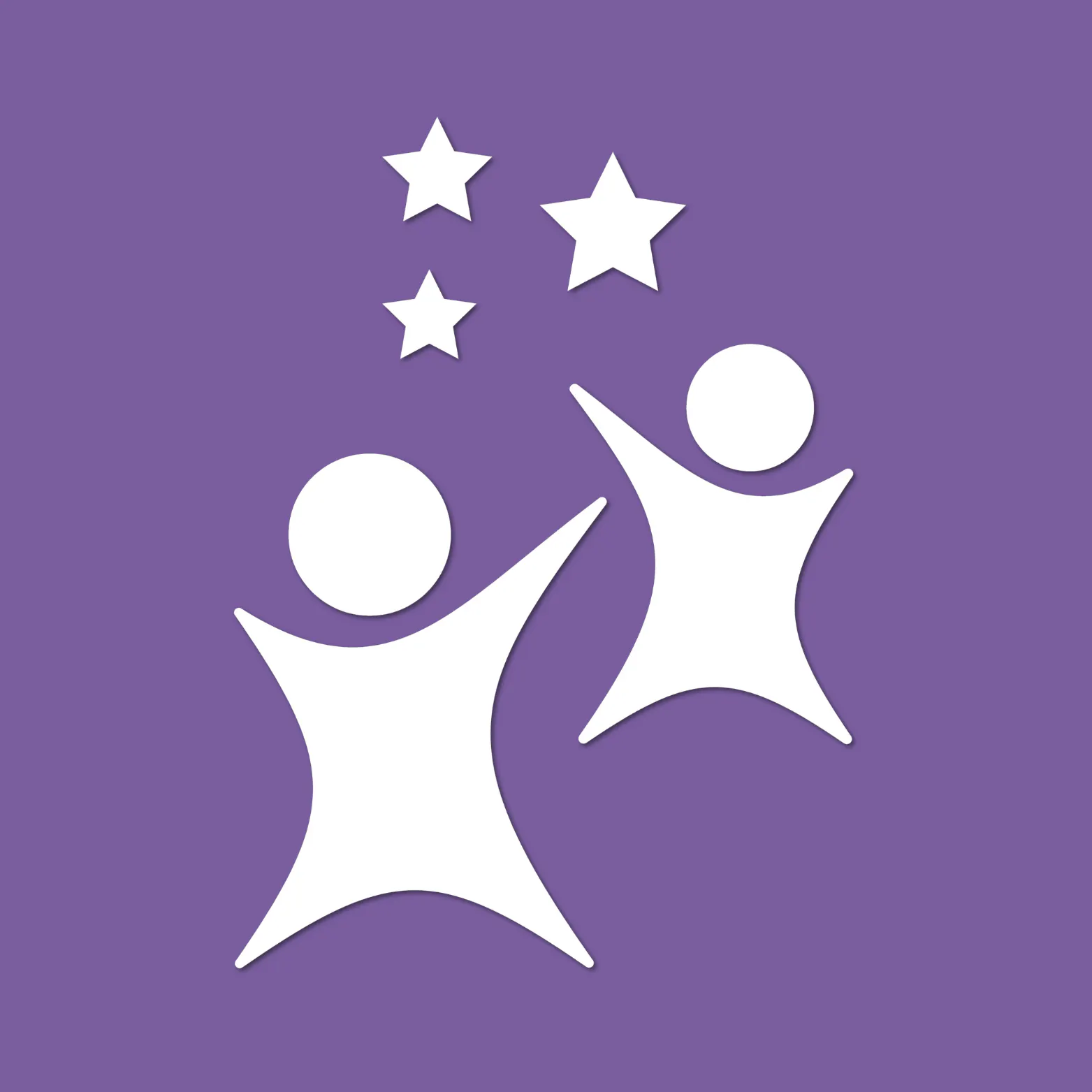 White silhouettes of two people reaching toward three stars, on a muted purple background.