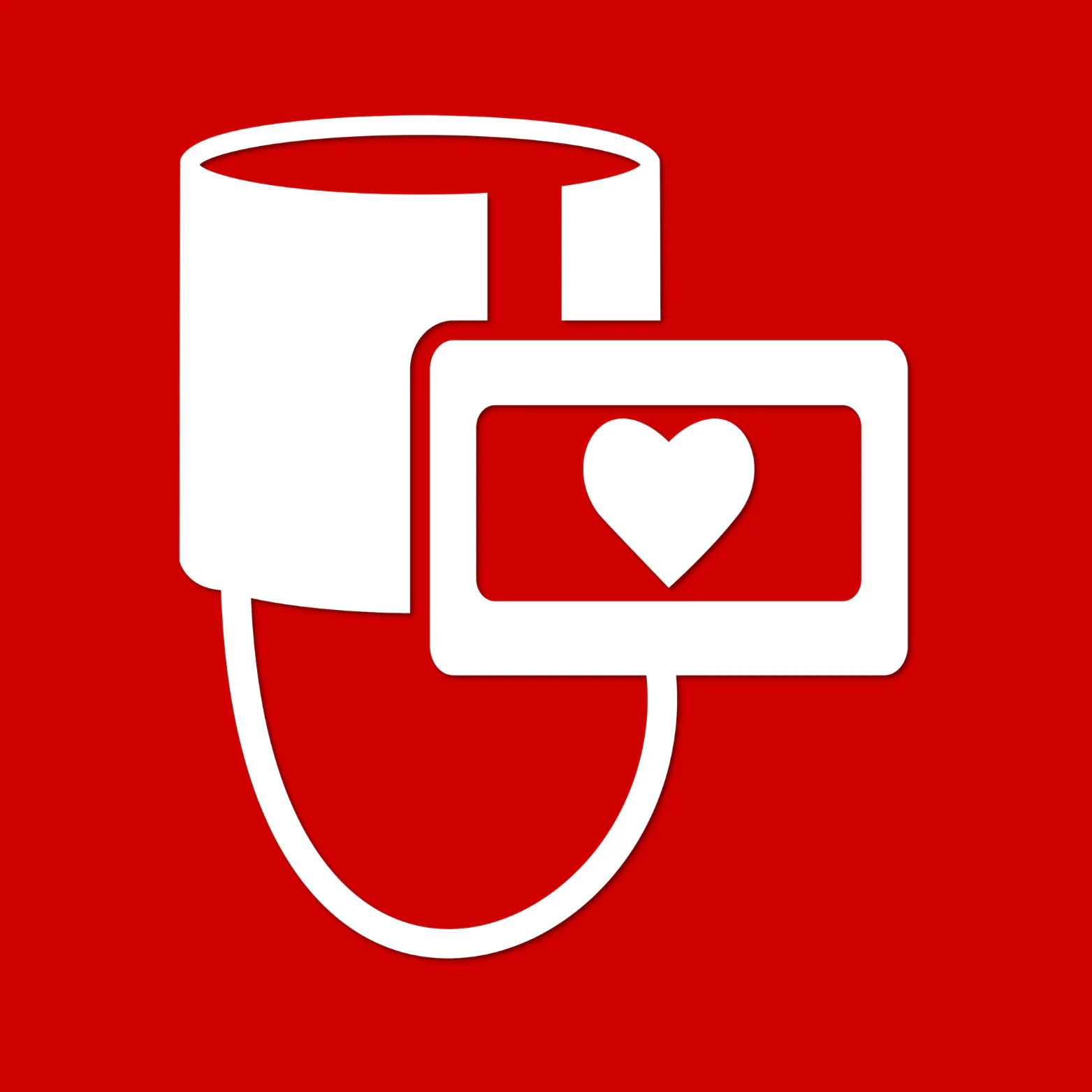 White blood pressure monitor and arm cuff icon with a heart symbol, on a red background.