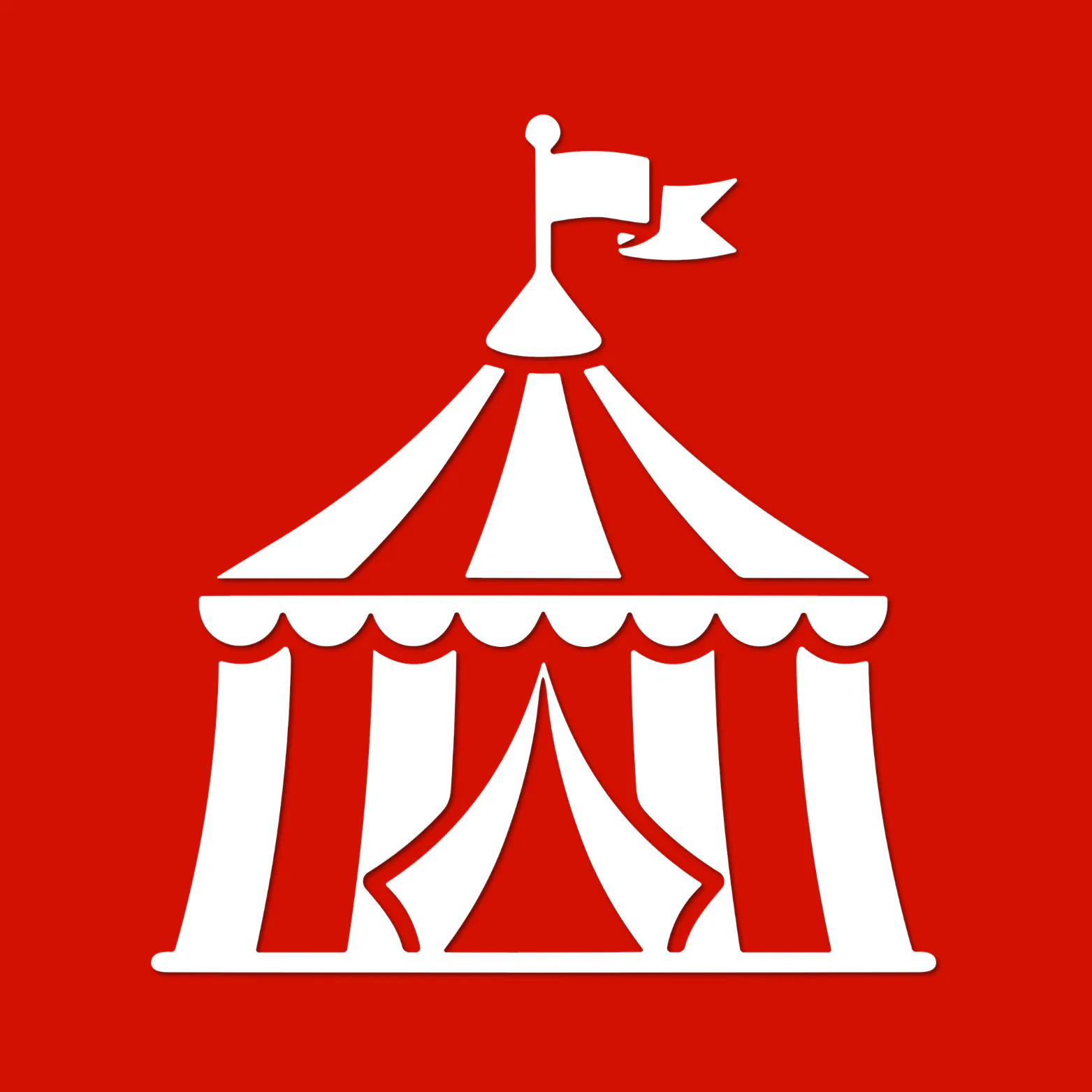 White carnival tent icon with striped canopy, entrance flaps, and a small flag on top, on a bright red background.