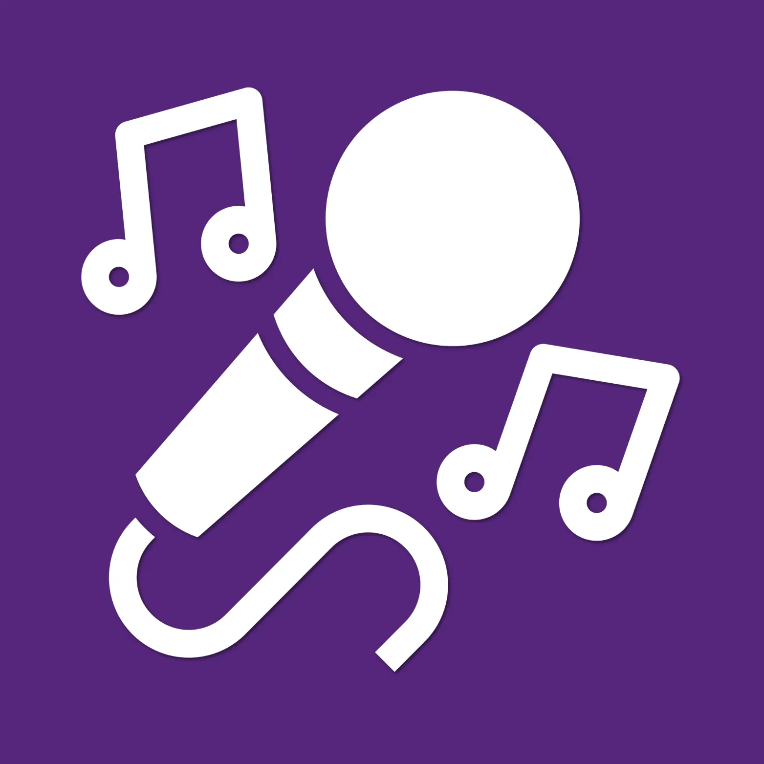 White microphone icon with musical notes, on a purple background.