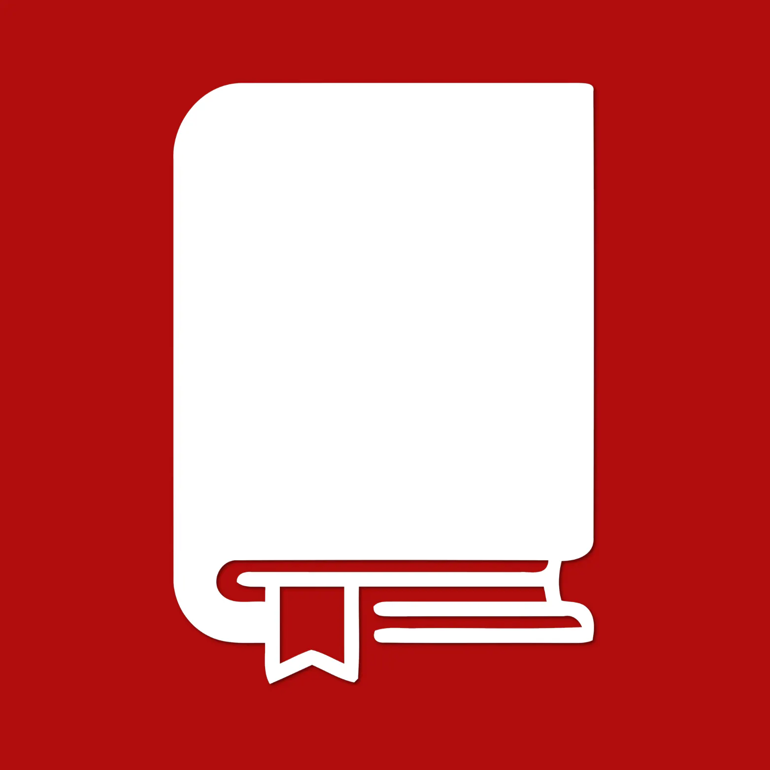 White closed book icon with a bookmark, on a dark red background.