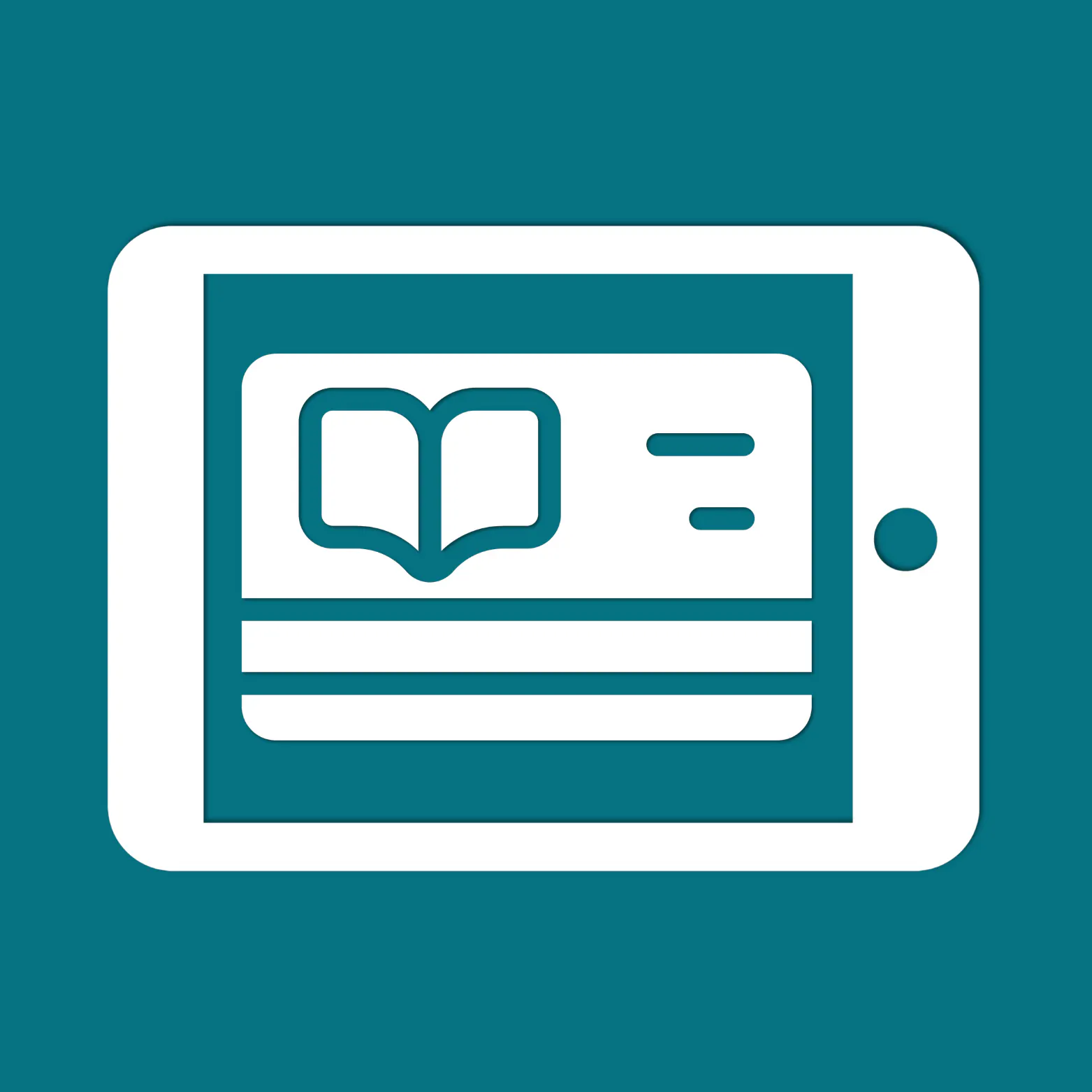 White tablet icon displaying an open book and simple text lines, on a teal background.