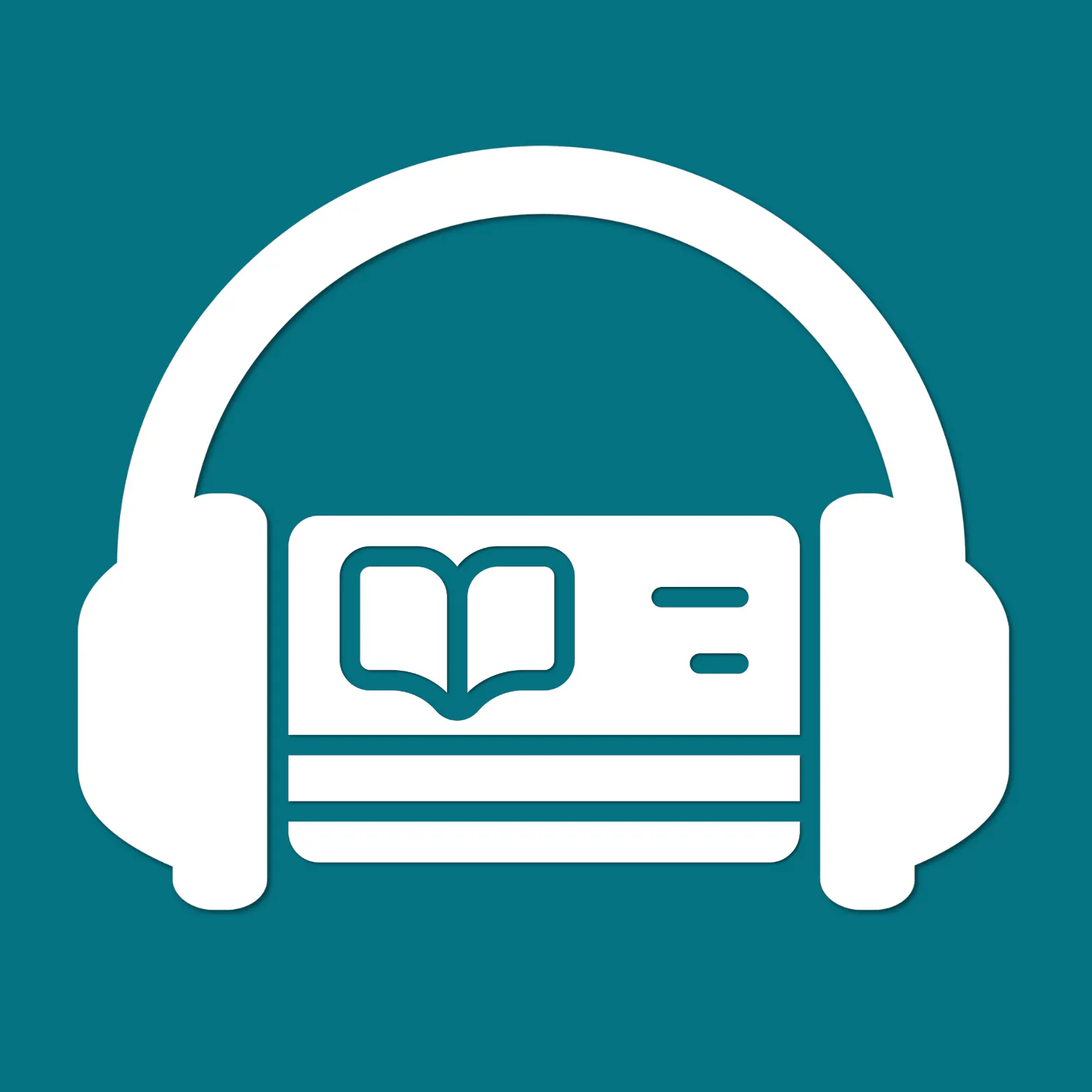 White headphones surrounding a library card with an open book icon, on a teal background.