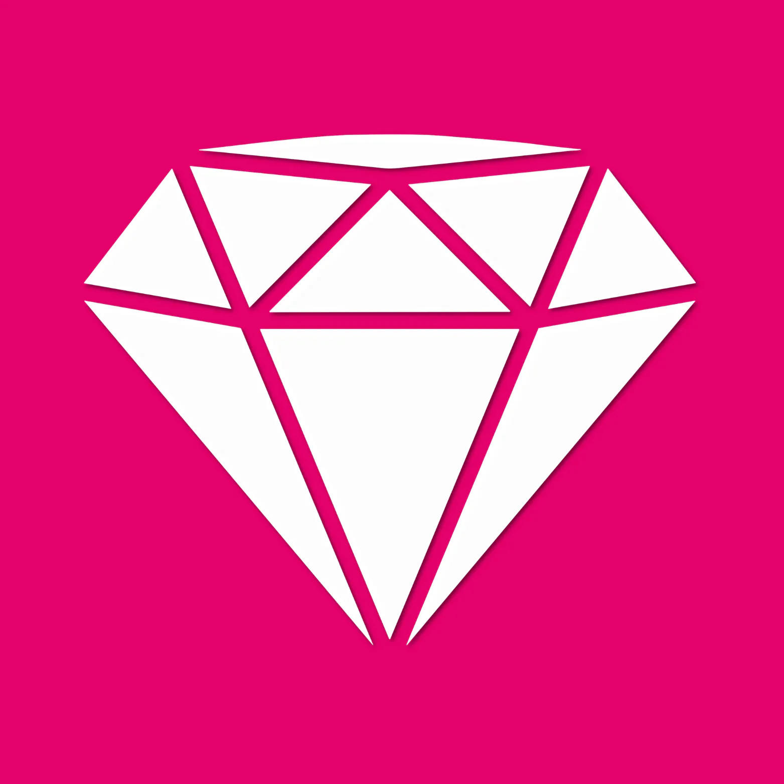 White faceted diamond icon on a bright pink background.