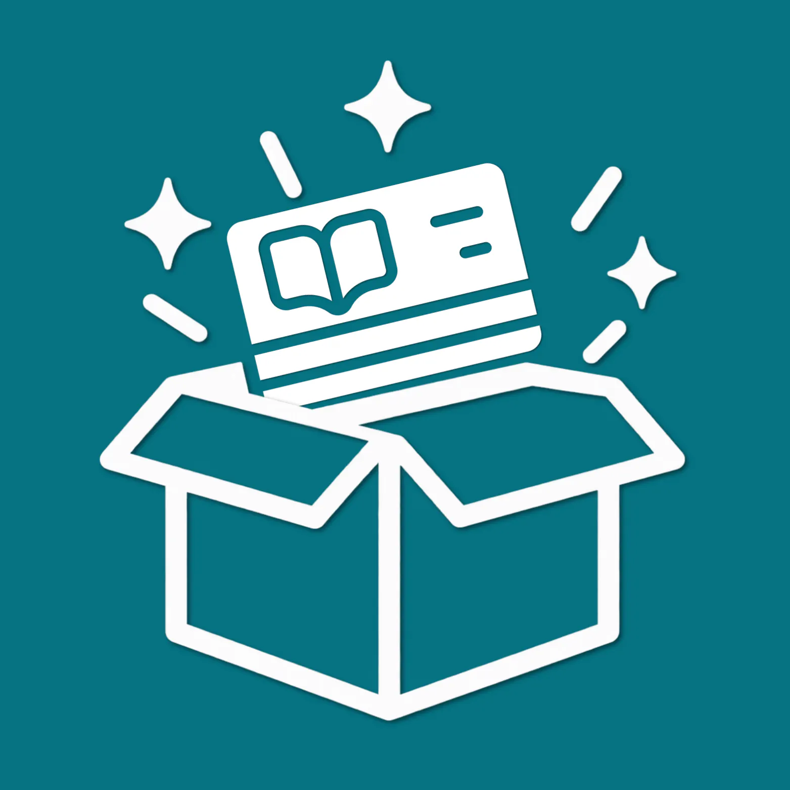 White open box icon with a library card popping out, surrounded by sparkles, on a teal background.