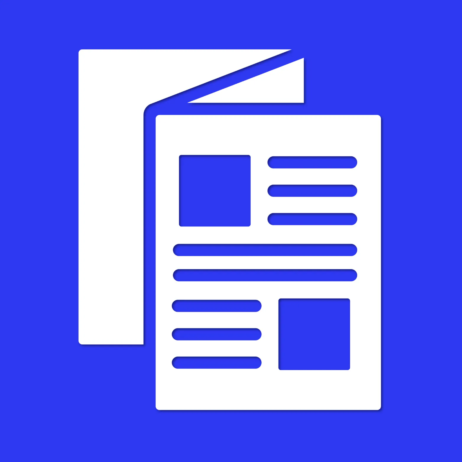 White icon of stacked zine or magazine pages with text and image blocks, on a bright blue background.