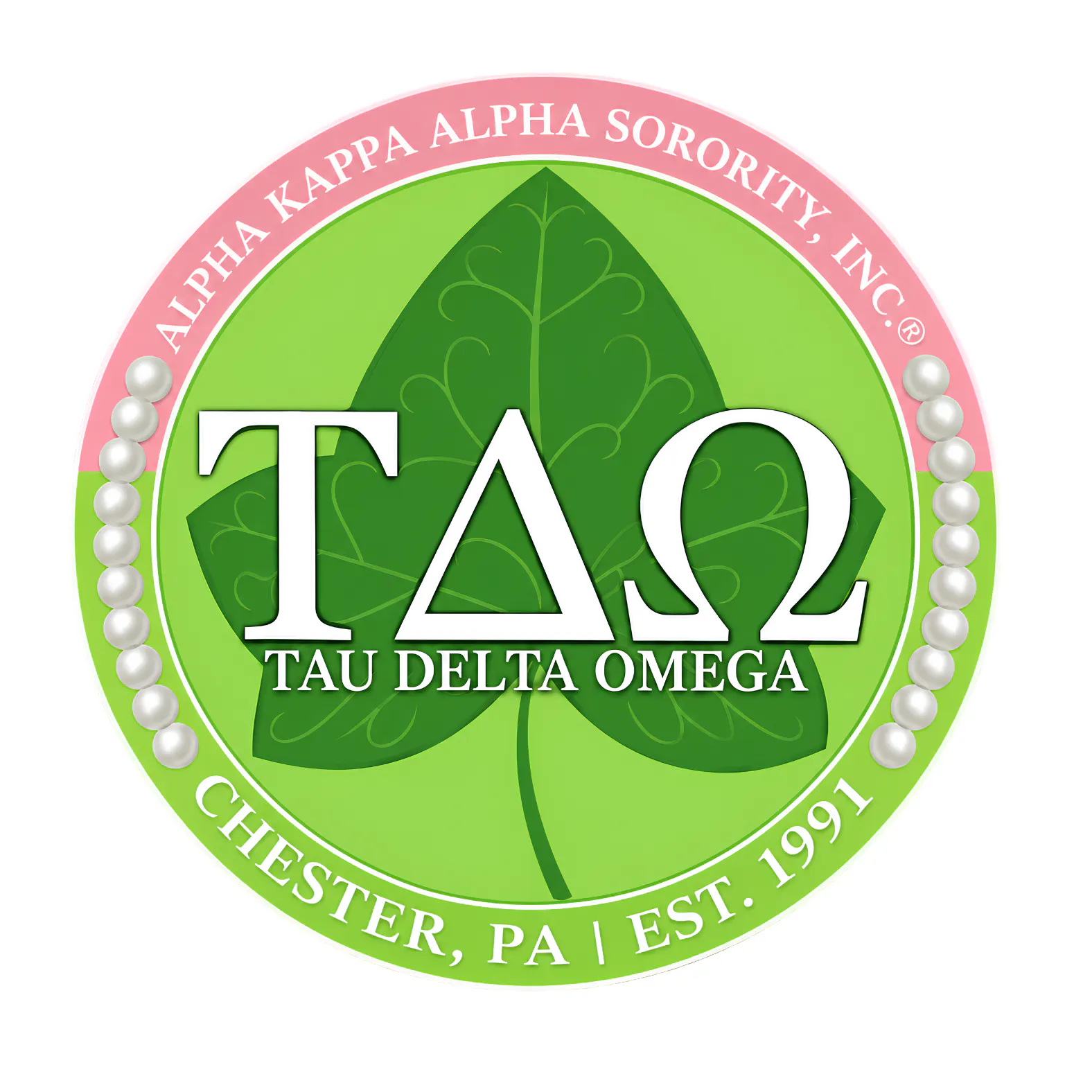 Circular Alpha Kappa Alpha Sorority, Inc. Tau Delta Omega Chapter emblem in pink and green, featuring ivy leaves, pearl accents, the Greek letters ΤΔΩ, and the text “Chester, PA | Est. 1991.”