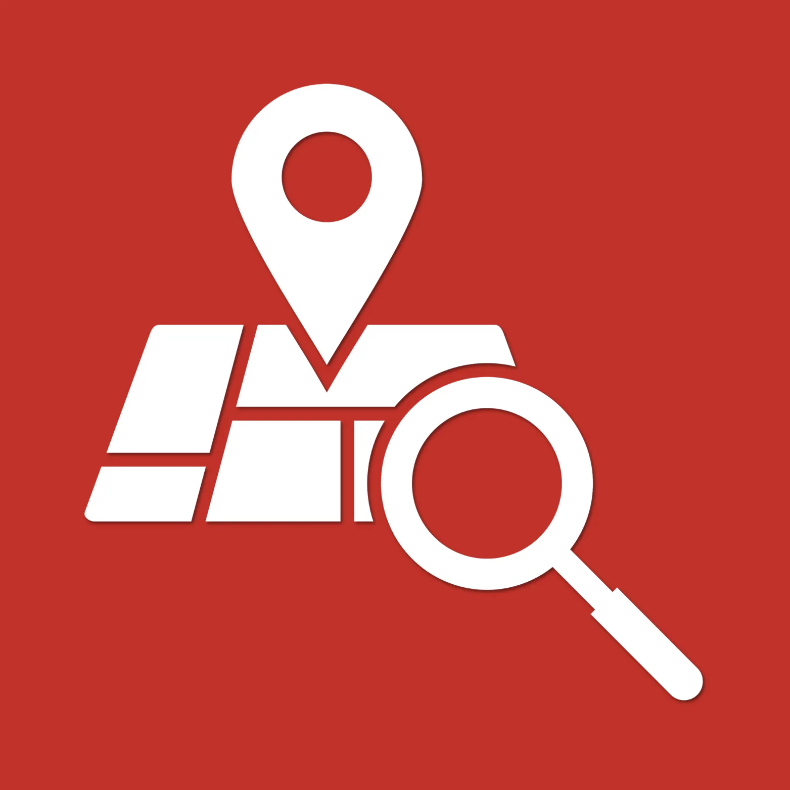 White map icon with a location pin and magnifying glass, on a muted red background.