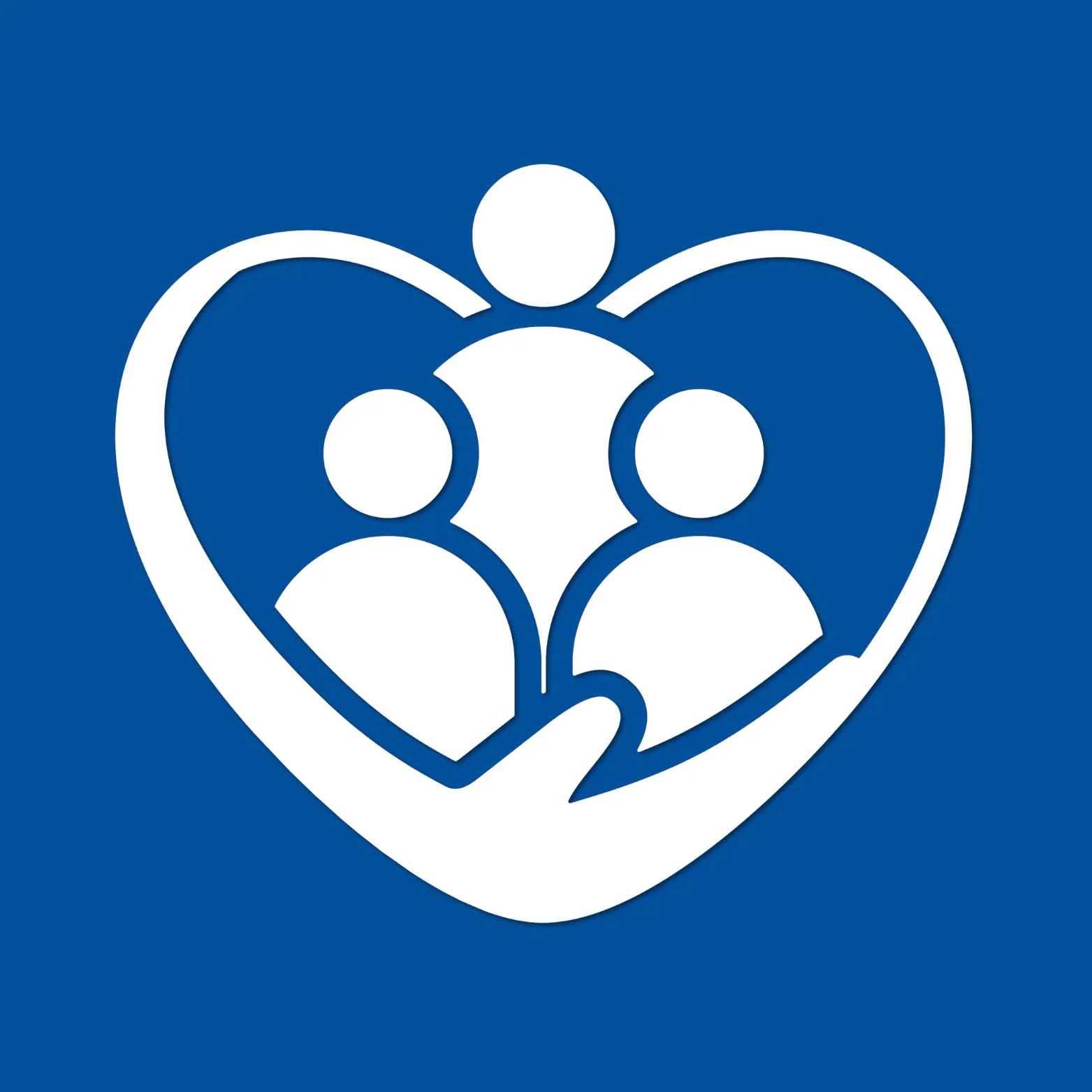 White icon of three people embraced within a heart-shaped outline, on a dark blue background.