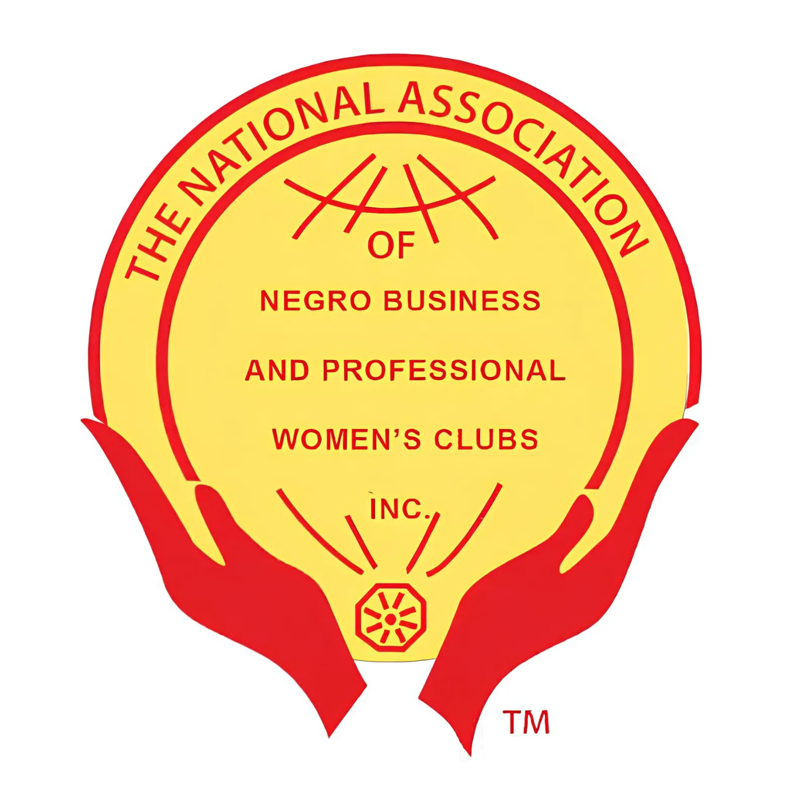 Yellow and red emblem for the National Association of Negro Business and Professional Women’s Clubs, Inc., featuring the organization’s name inside a circular design held by two stylized red hands.