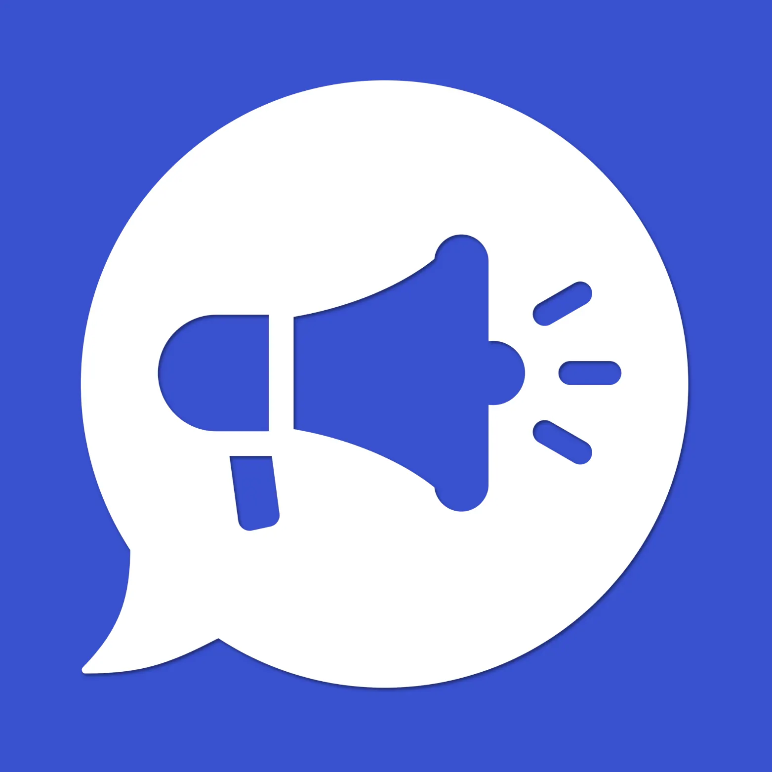 White speech bubble containing a blue megaphone with sound lines, on a blue background.