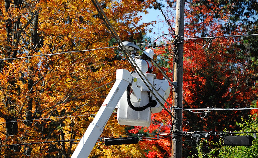 Worker maintaining utility poles during routine inspections with fall trees in the backdrop.