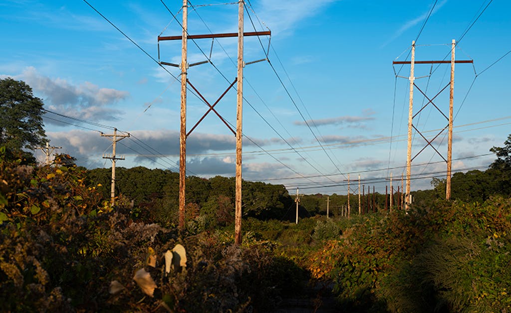 Many tall electric power transmission lines criss-crossing over a remote wooded area.