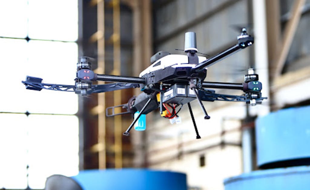 NDE Drone equipped with ultrasonic testing technology at a generation plant.