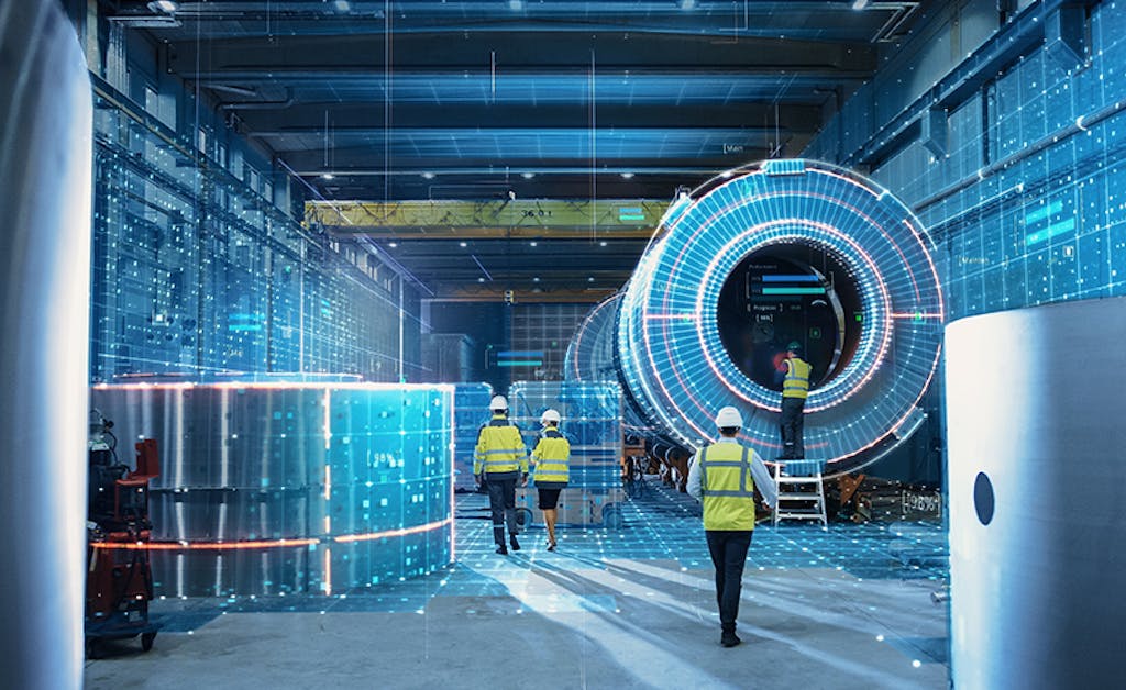 A team of engineers and skilled professionals working in a heavy industry manufacturing factory, visually represented as a digital twin using graphics technology.