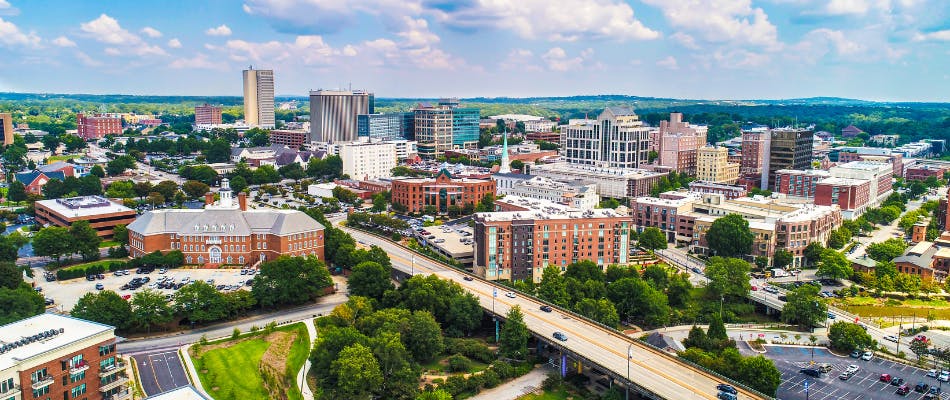 Drone Aerial Shot of the Downtown Greenville, South Carolina skyline