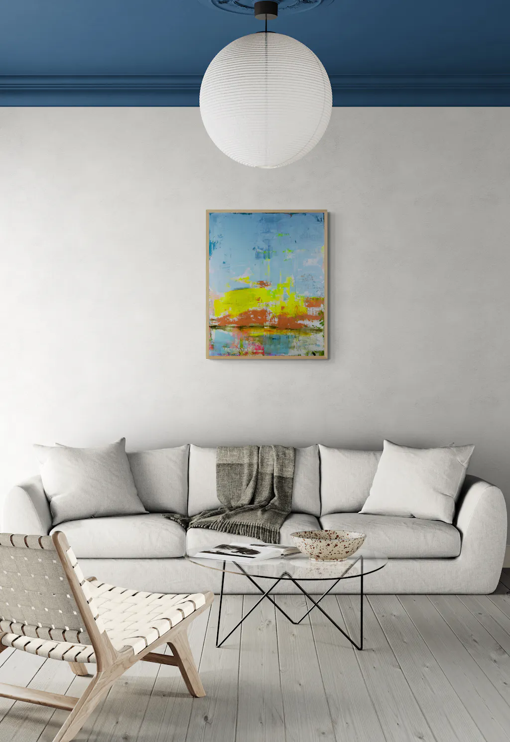 mandy morrroni painting, day trip, is hung on the wall of a living room