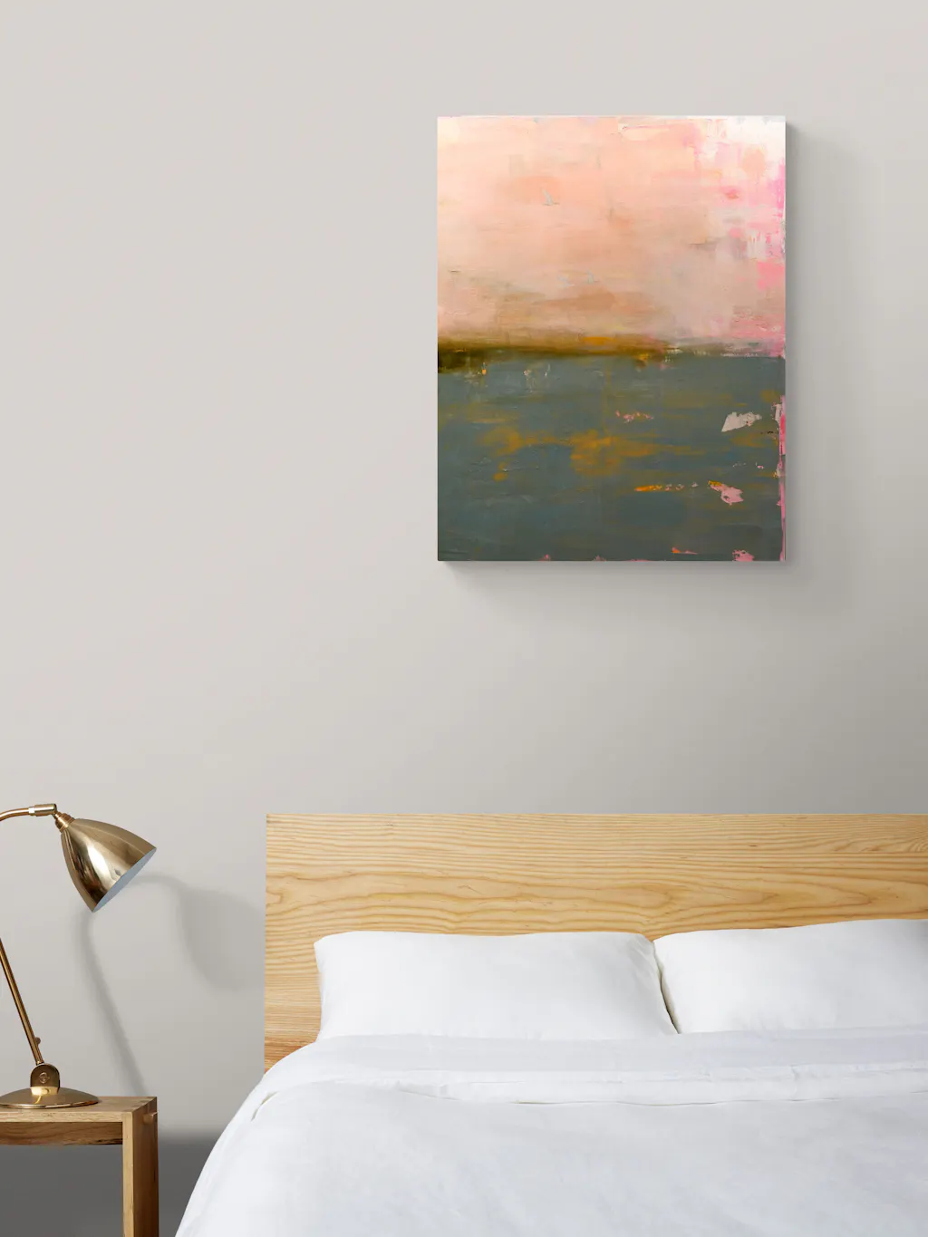 painting by mandy morroni called 'in flight' hung on a beige wall above a bed frame in a room.