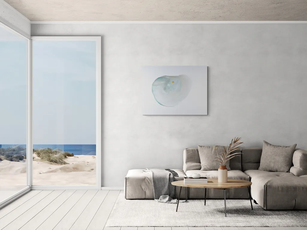Painting 'breath' hung on a wall of a coastal living room.