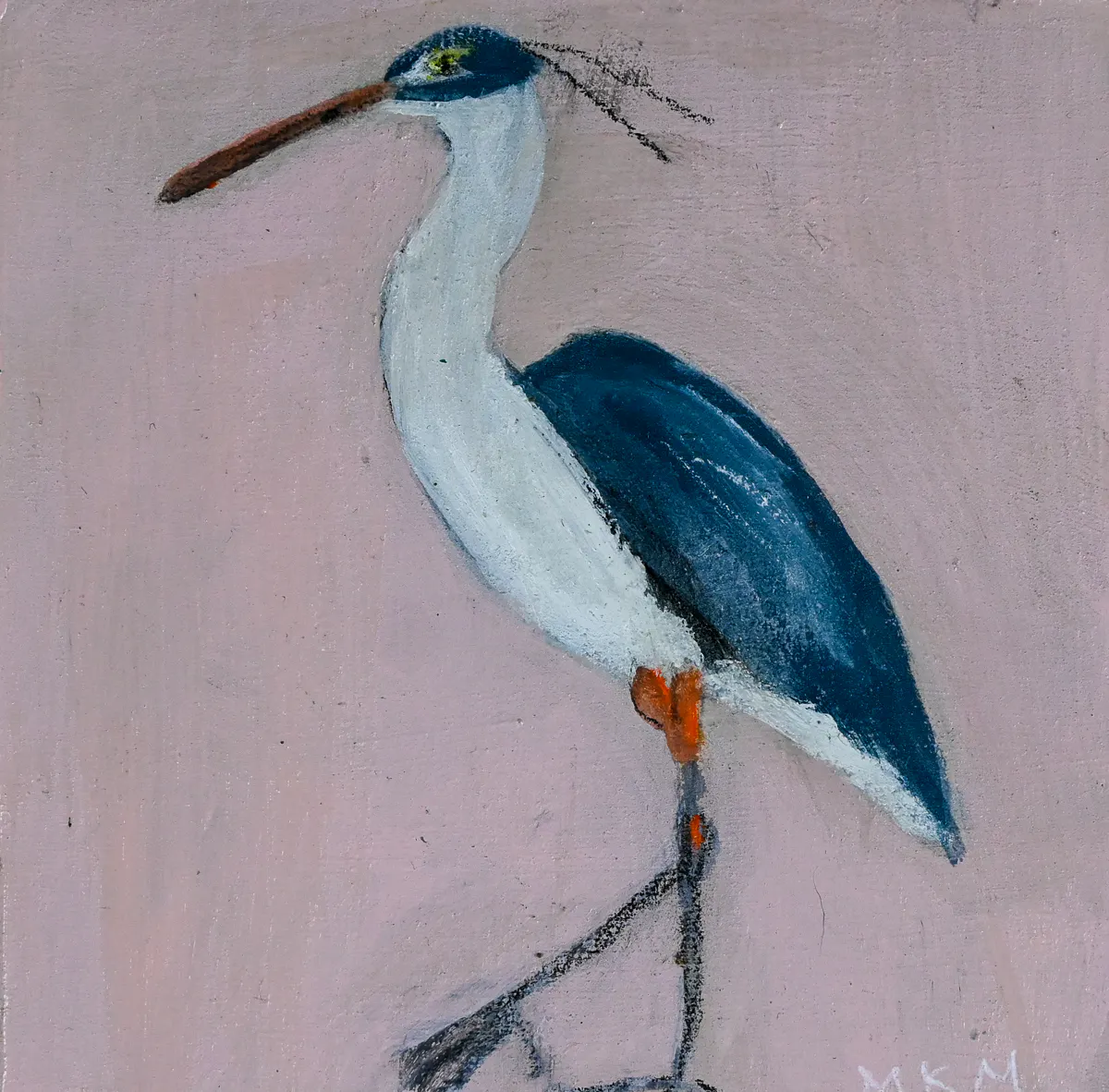 This piece portrays a majestic blue heron with graceful features, set against a pastel-toned background. The artist captures the essence of the bird’s elegance through delicate brushstrokes and soft hues.