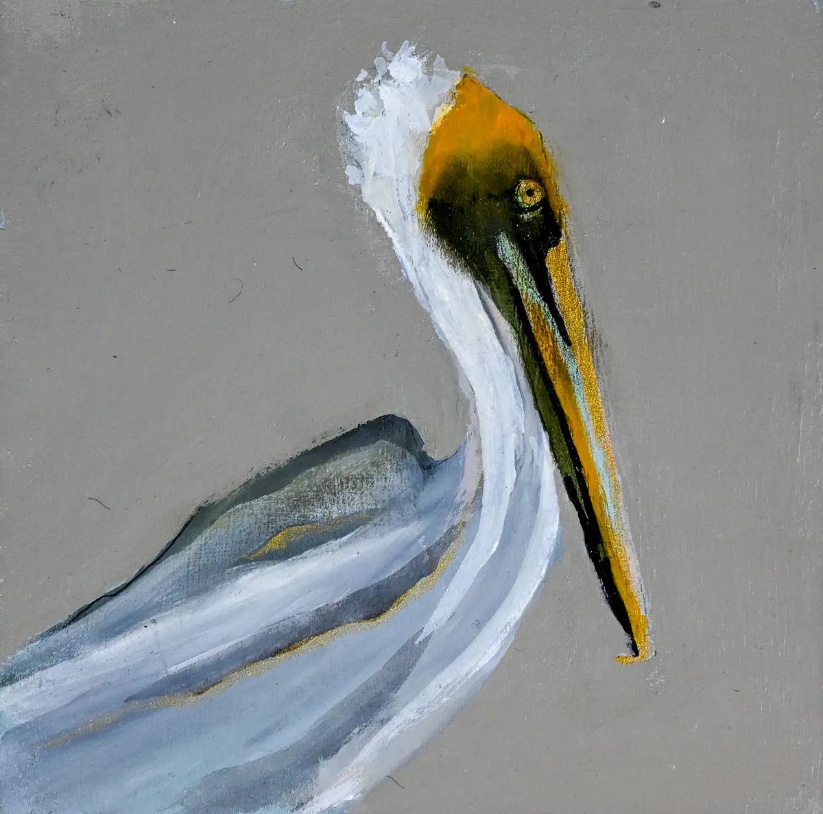 The painting features a brown heron in a contemplative pose, with rich earth tones and subtle textures. The composition draws attention to the bird’s intricate details and serene demeanor.
