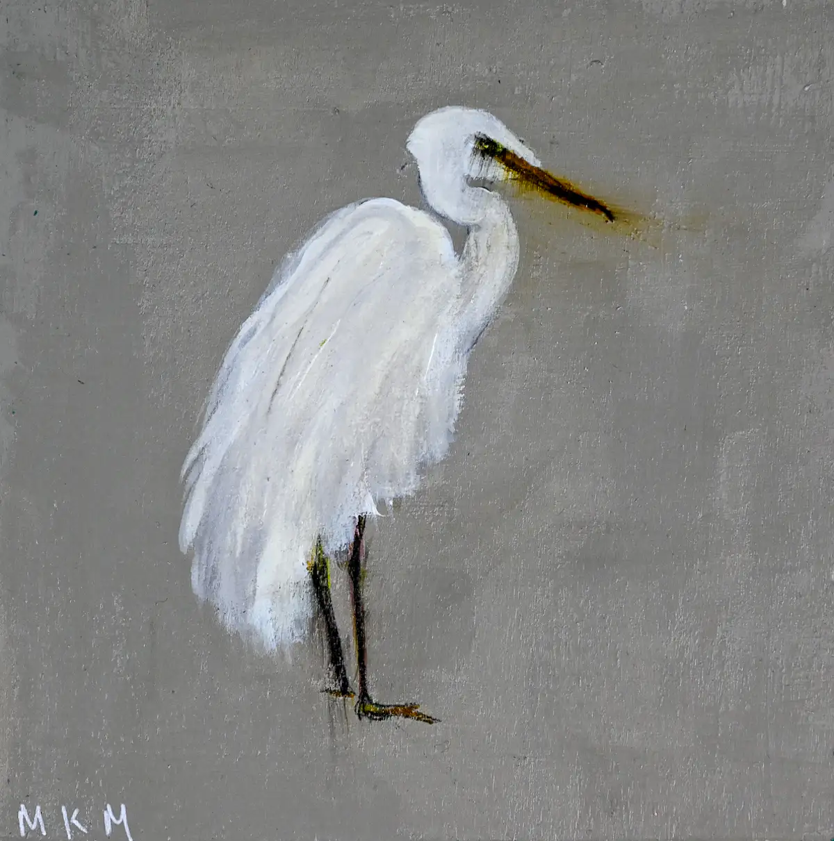 This artwork highlights a poised egret with a pristine white plumage contrasted against a muted background. The minimalist style emphasizes the bird’s elegance and natural grace.