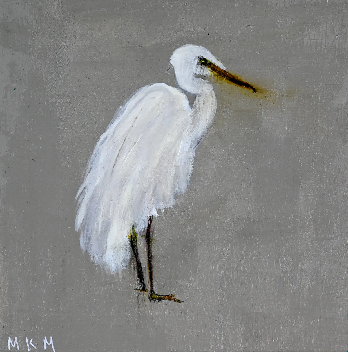This artwork highlights a poised egret with a pristine white plumage contrasted against a muted background. The minimalist style emphasizes the bird’s elegance and natural grace.