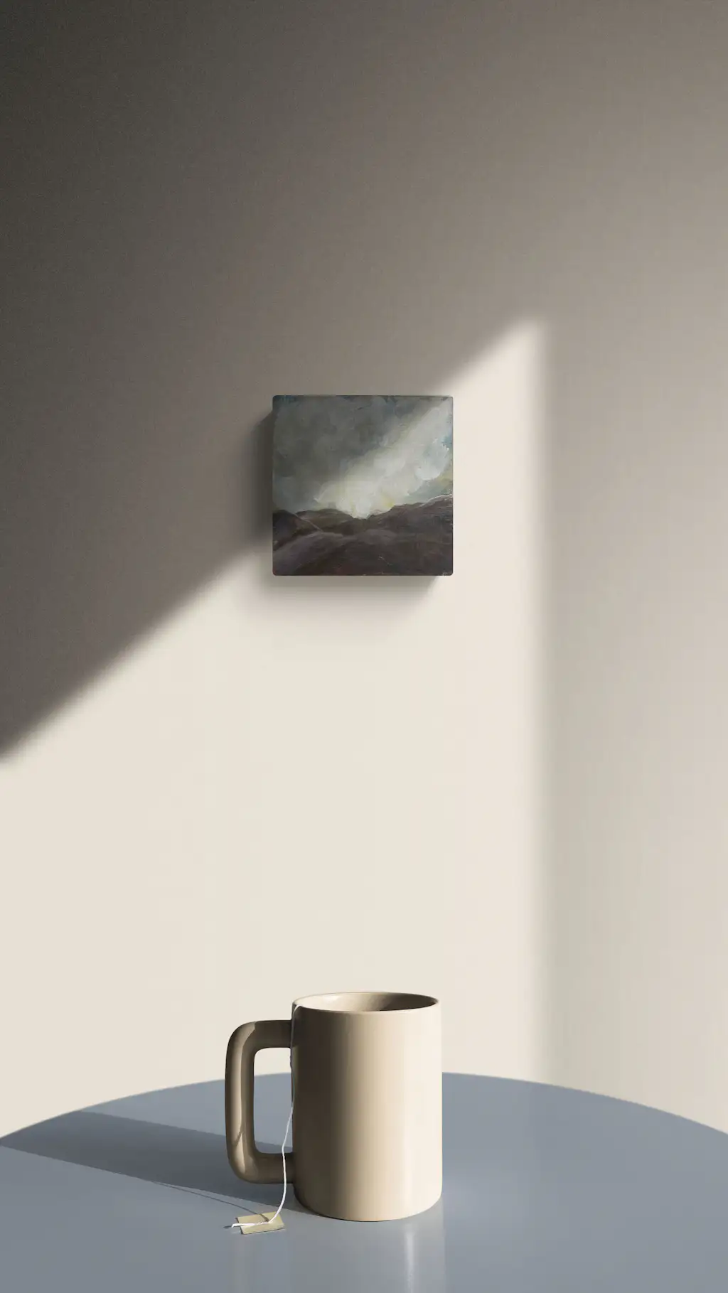 Painting by mandy morroni hung on a wall in a room.