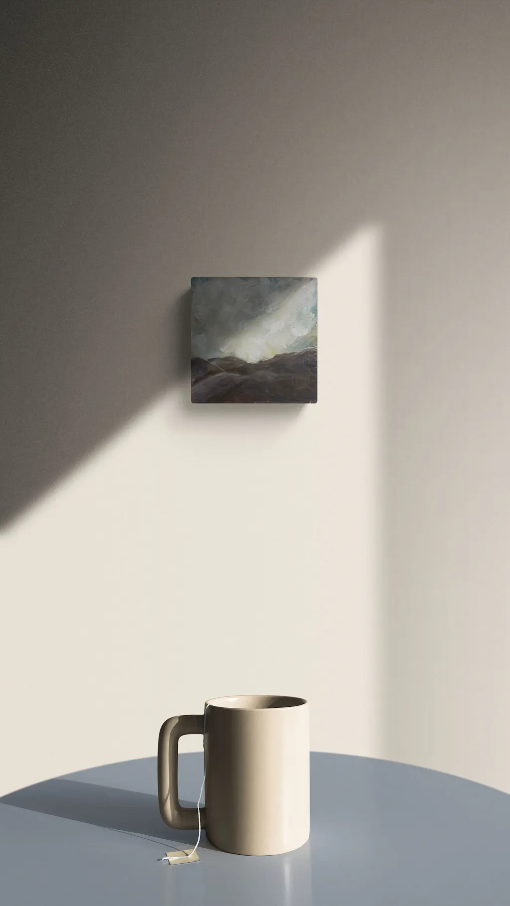 Painting by mandy morroni hung on a wall in a room.