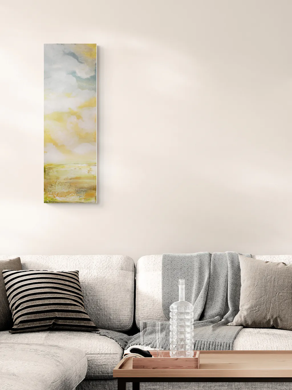 Painting by mandy morroni hung on a wall in a room.
