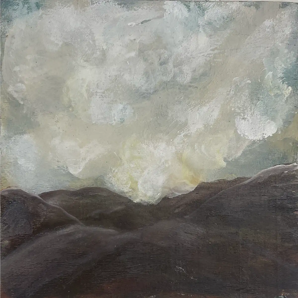 This series captures a tranquil and moody landscapes with a textured blend of cool and warm hues, where the ethereal sky transitions into a serene, turquoise waterline accented by dark, earthy tones. The tactile quality of the thick paint application enhances the visual depth, evoking a sense of calm and contemplation.