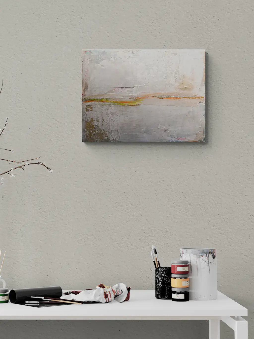 Painting by mandy morroni hung on a wall in a room.