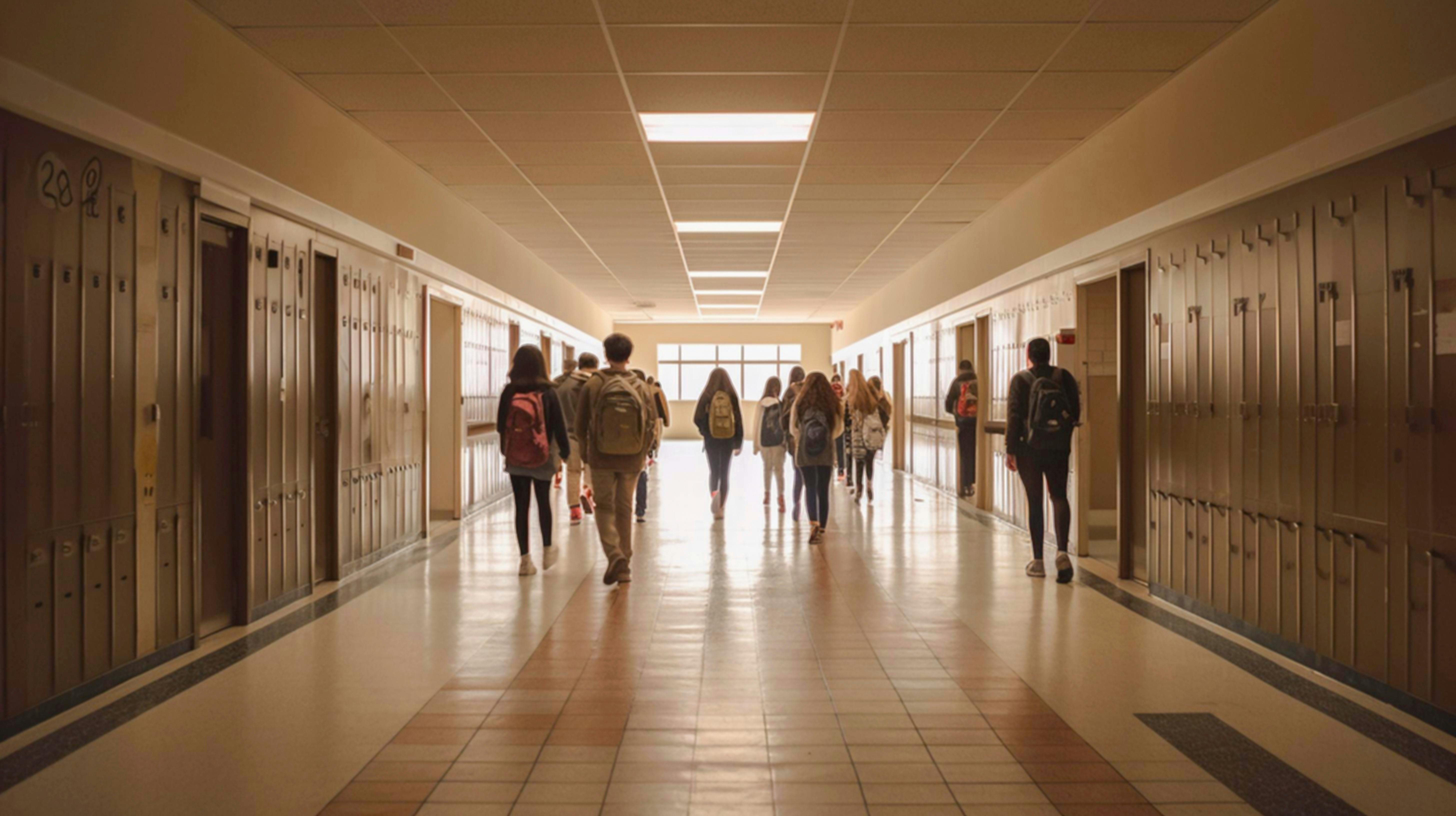 Hallway of a highschool with male and female students walking. 