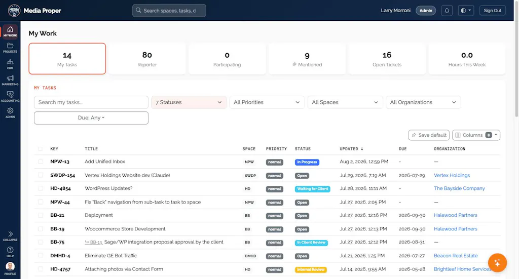 Media Proper app: the My Work project view