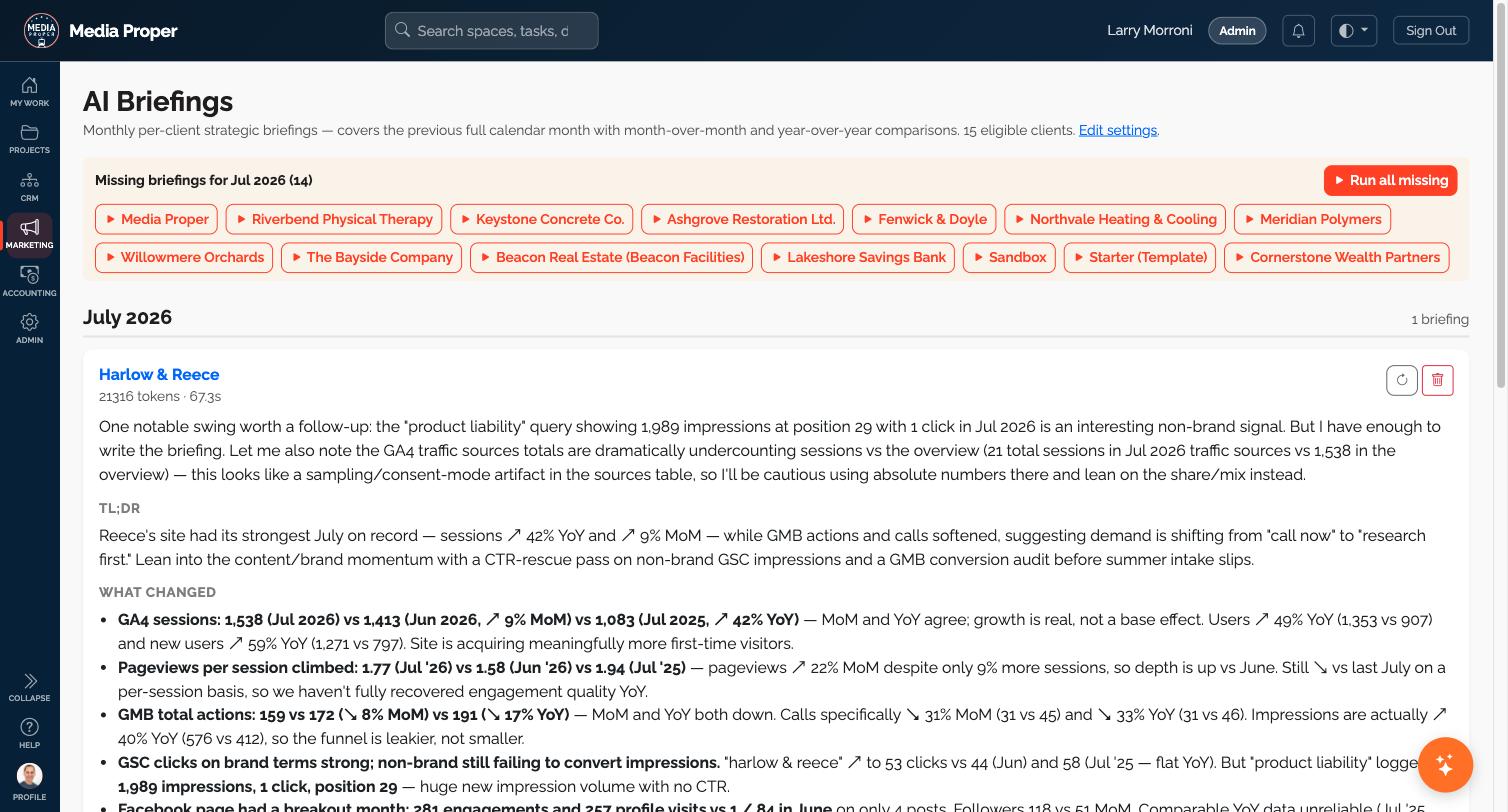 A monthly AI briefing generated for a client
