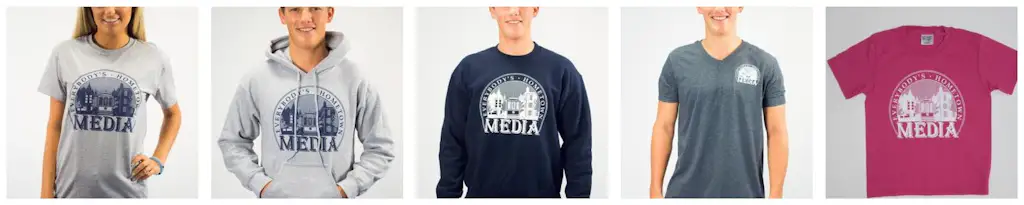 Five VisitMediaPA garments as the old shop showed them — cropped photographs of models, several with the face cut off, at differing scales
