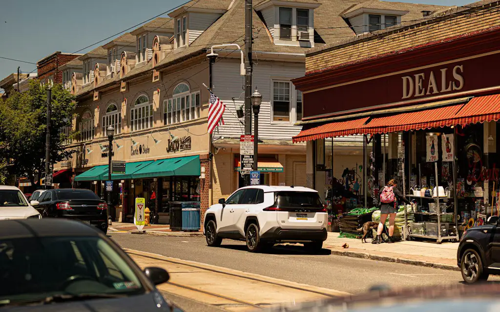 Storefronts and trolley tracks on State Street in Media, Pennsylvania, photographed for the site