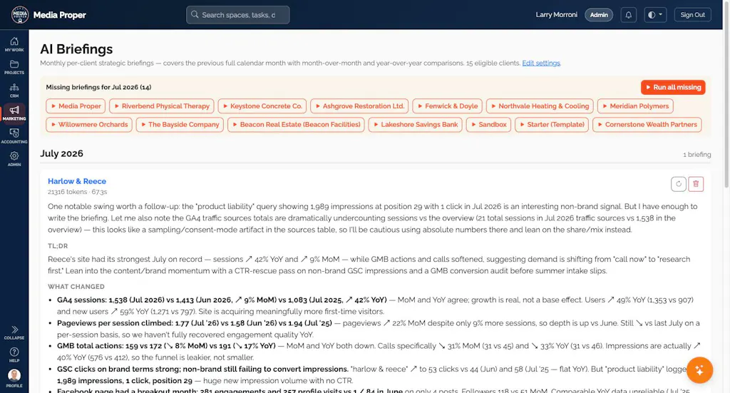 A monthly AI briefing generated for a client
