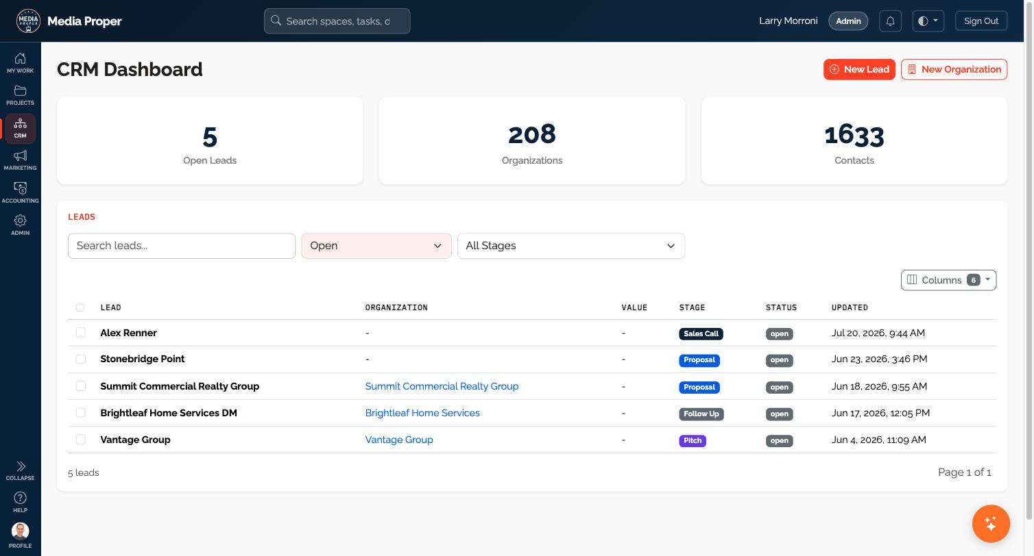 The CRM dashboard in the Media Proper app