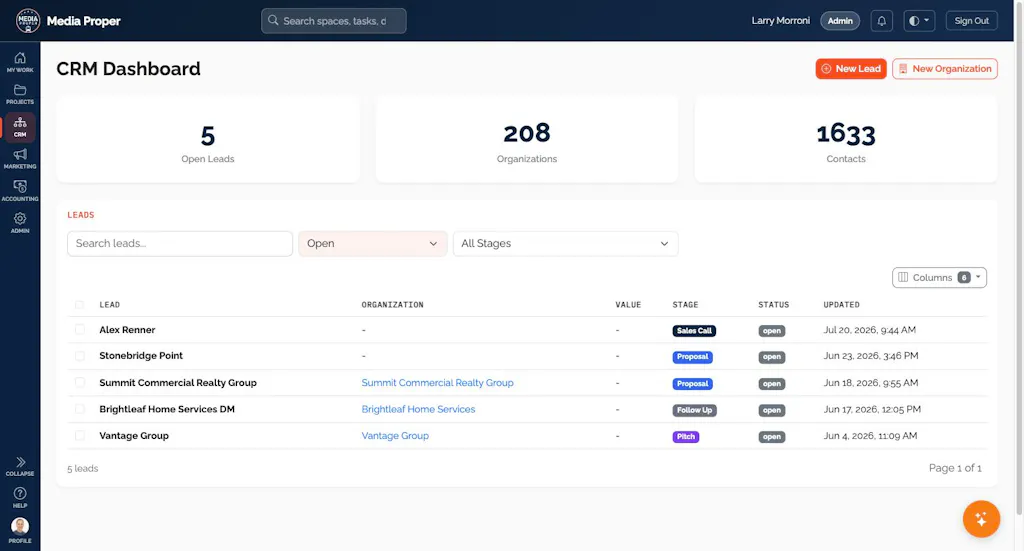 The CRM dashboard in the Media Proper app