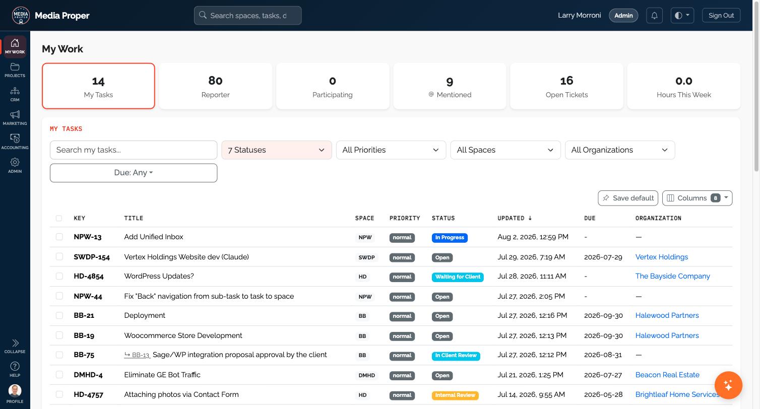 Media Proper app: the My Work project view