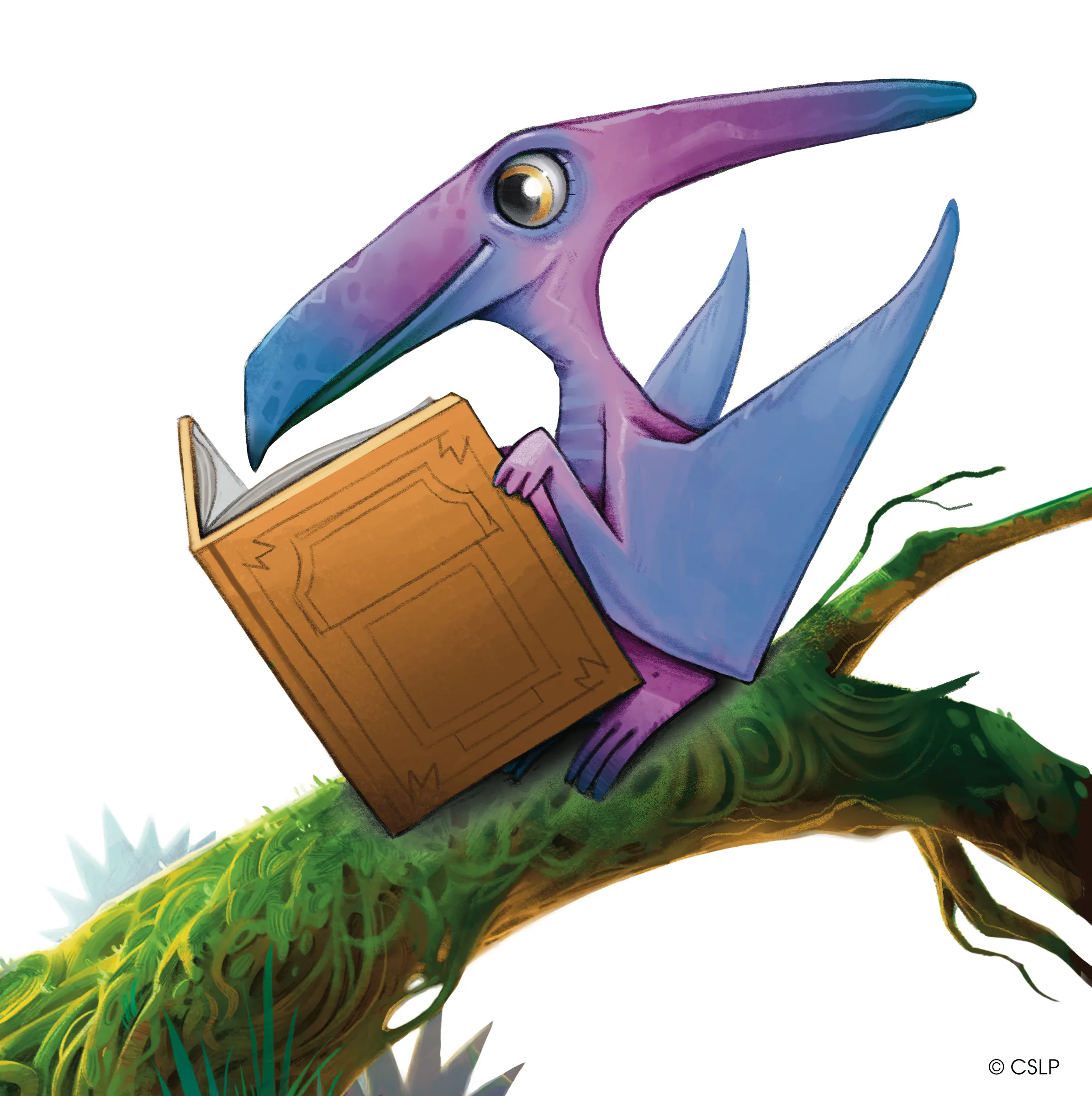 blue and purple cartoon pterodactyl sitting on a branch, reading a book