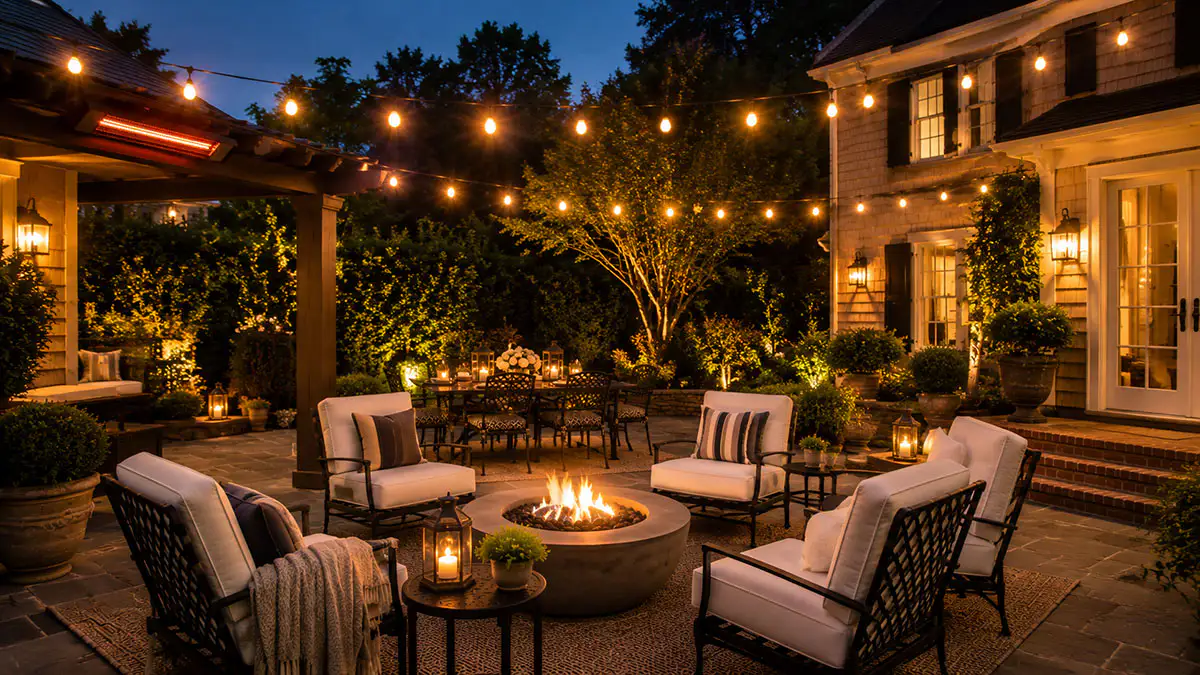 Backyard patio at night with string lights, fire pit, and cushioned wrought iron seating