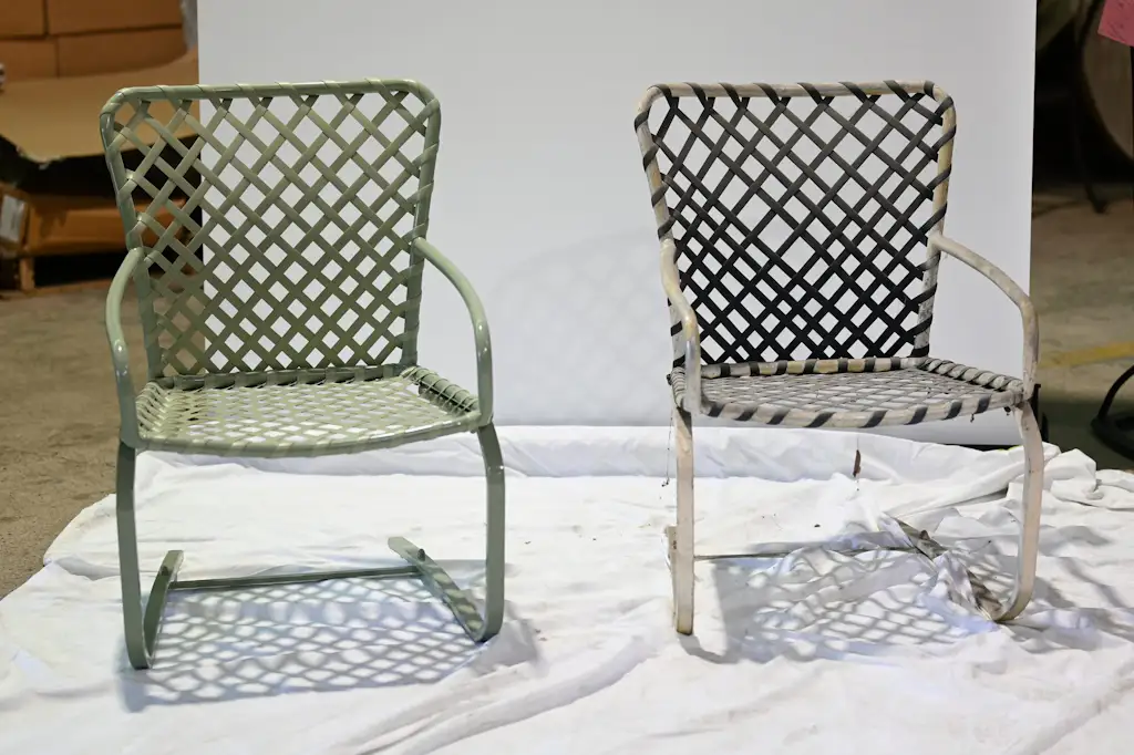 A restrapped green lattice chair beside a worn original with frayed straps