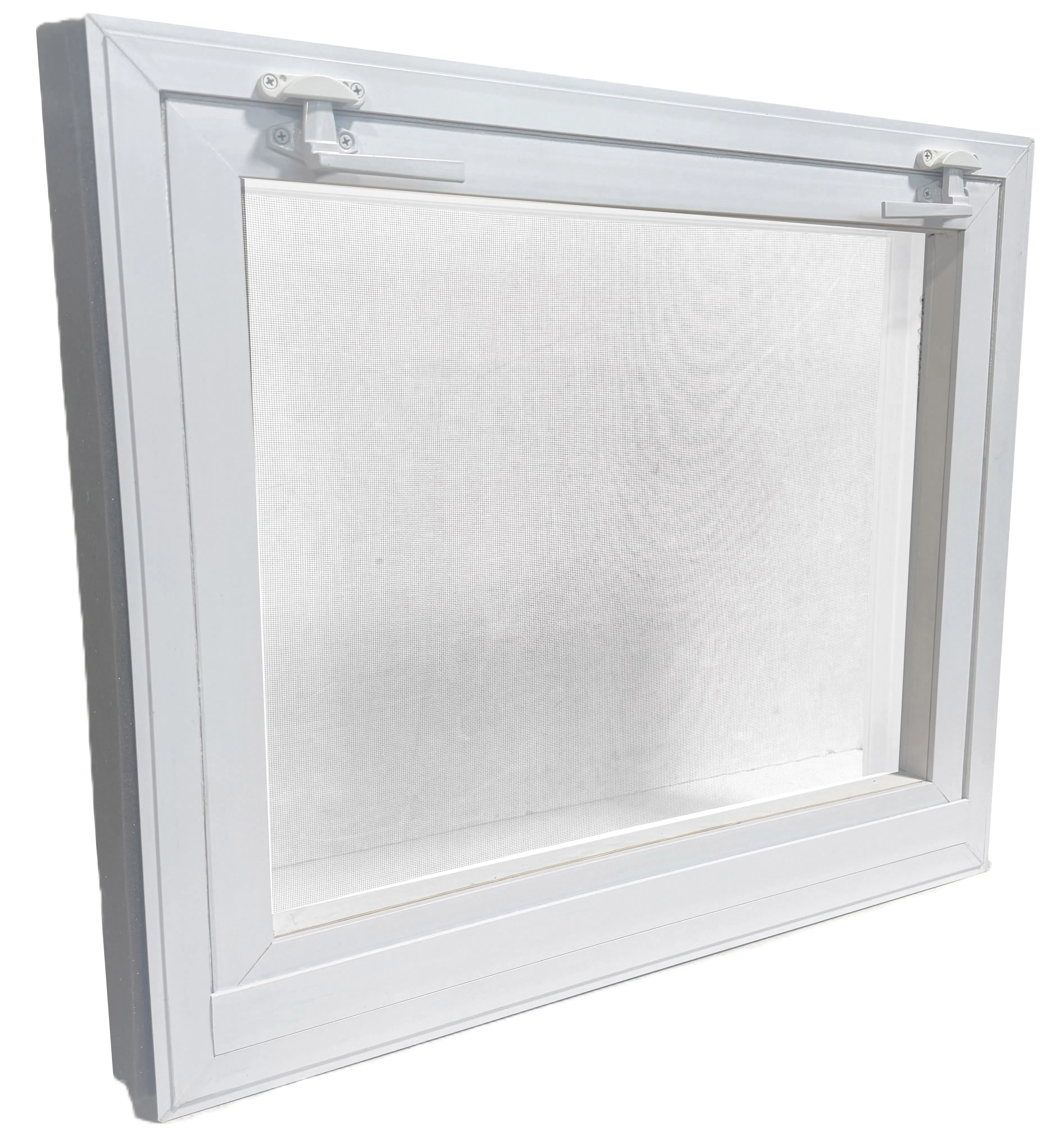White vinyl hopper window with insect screen and top hinged vent hardware, shown at an angle on white background.