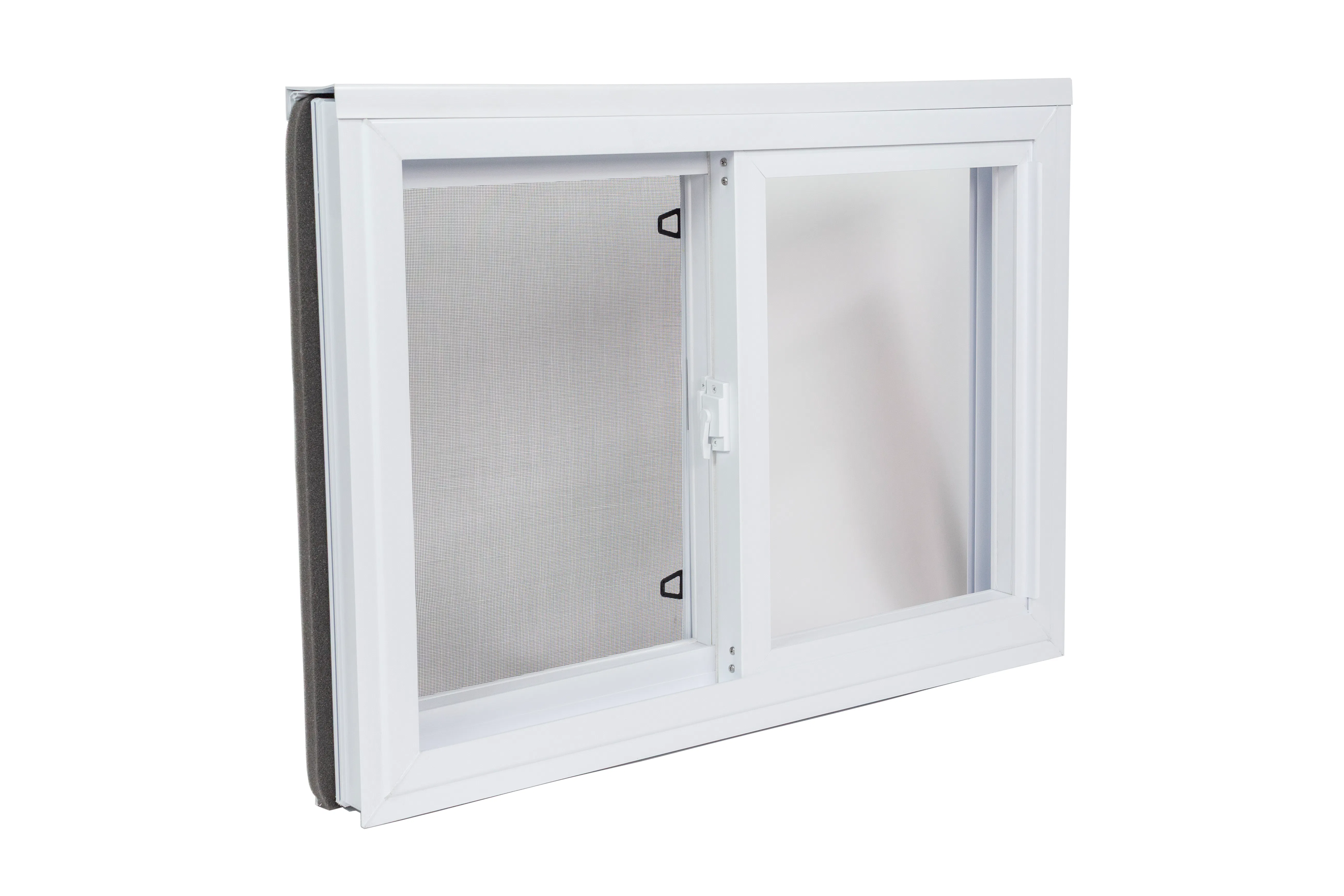White vinyl sliding basement window with screen and latch hardware, shown at an angle on white background.